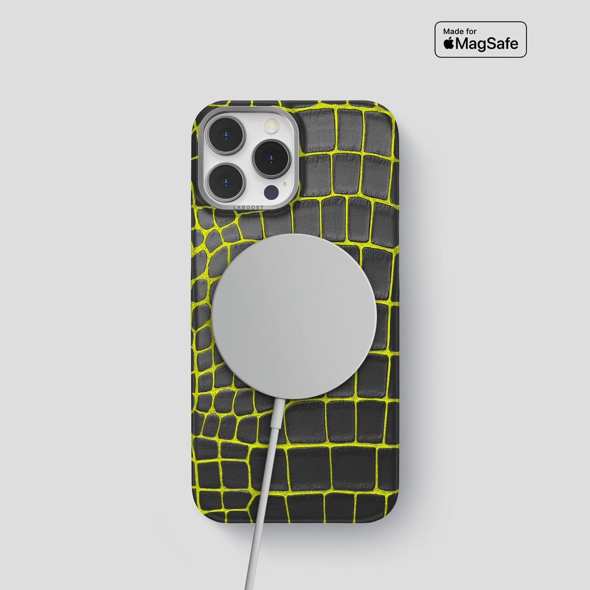 Neon-Yellow iPhone 14 Pro Classic Case Luminescent Alligator with Steel Metal -6 | Neon-Yellow-Steel