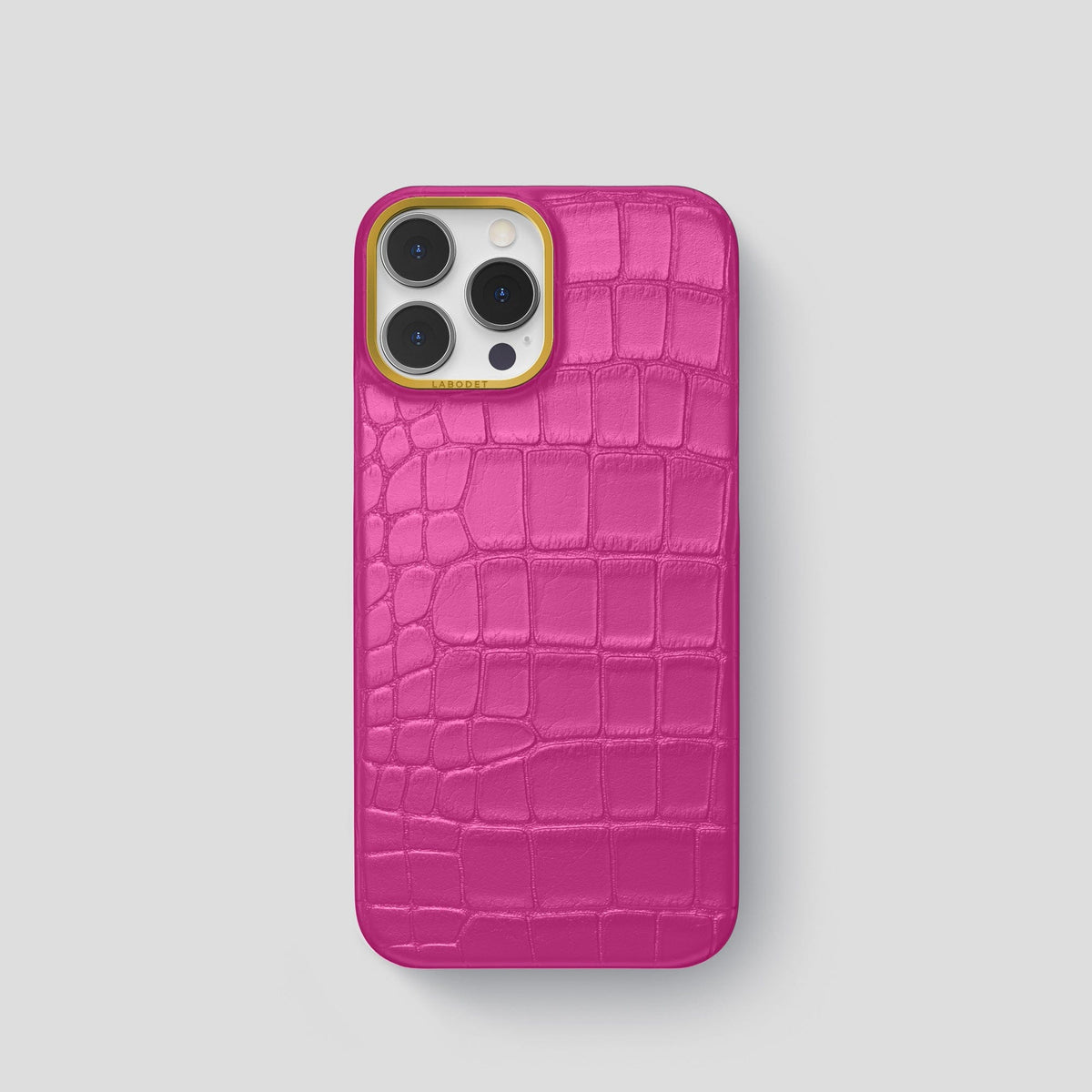 Fuchsia iPhone 14 Pro Classic Case Alligator with Gold Metal -1 | Fuchsia-Gold