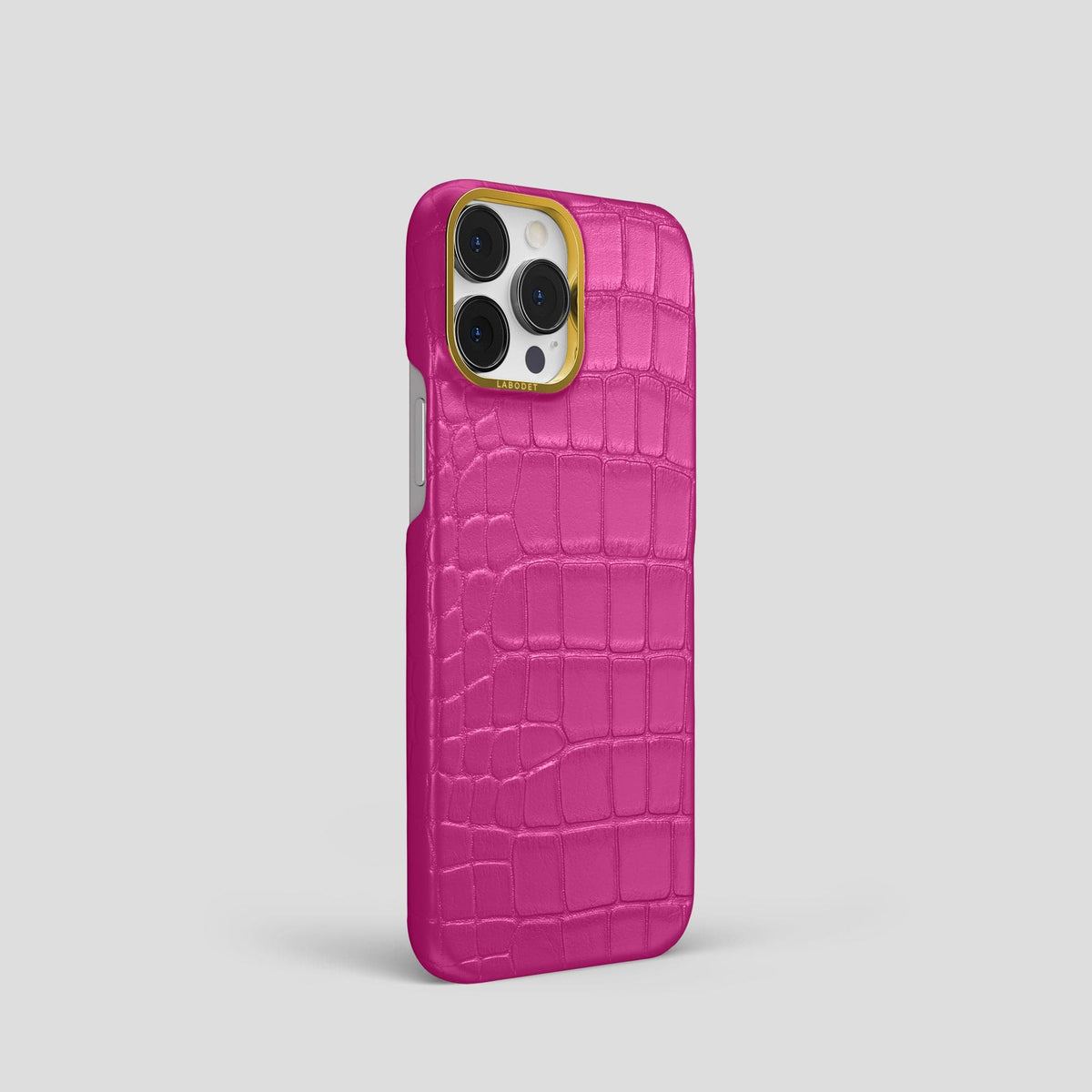 Fuchsia iPhone 14 Pro Classic Case Alligator with Gold Metal -2 | Fuchsia-Gold
