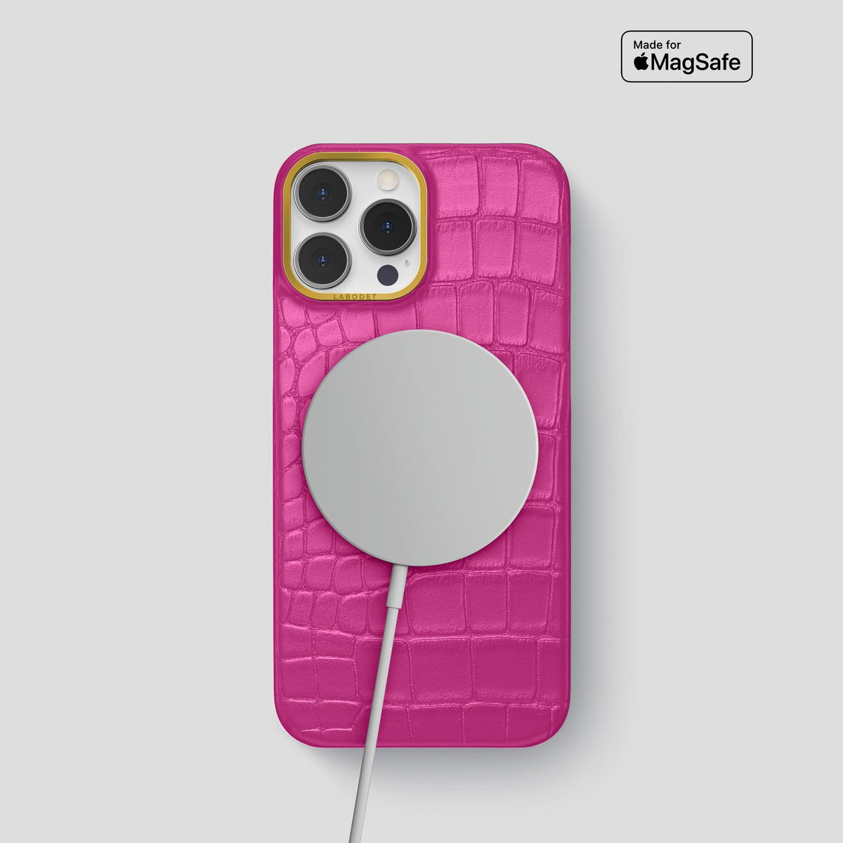 Fuchsia iPhone 14 Pro Classic Case Alligator with Gold Metal -4 | Fuchsia-Gold