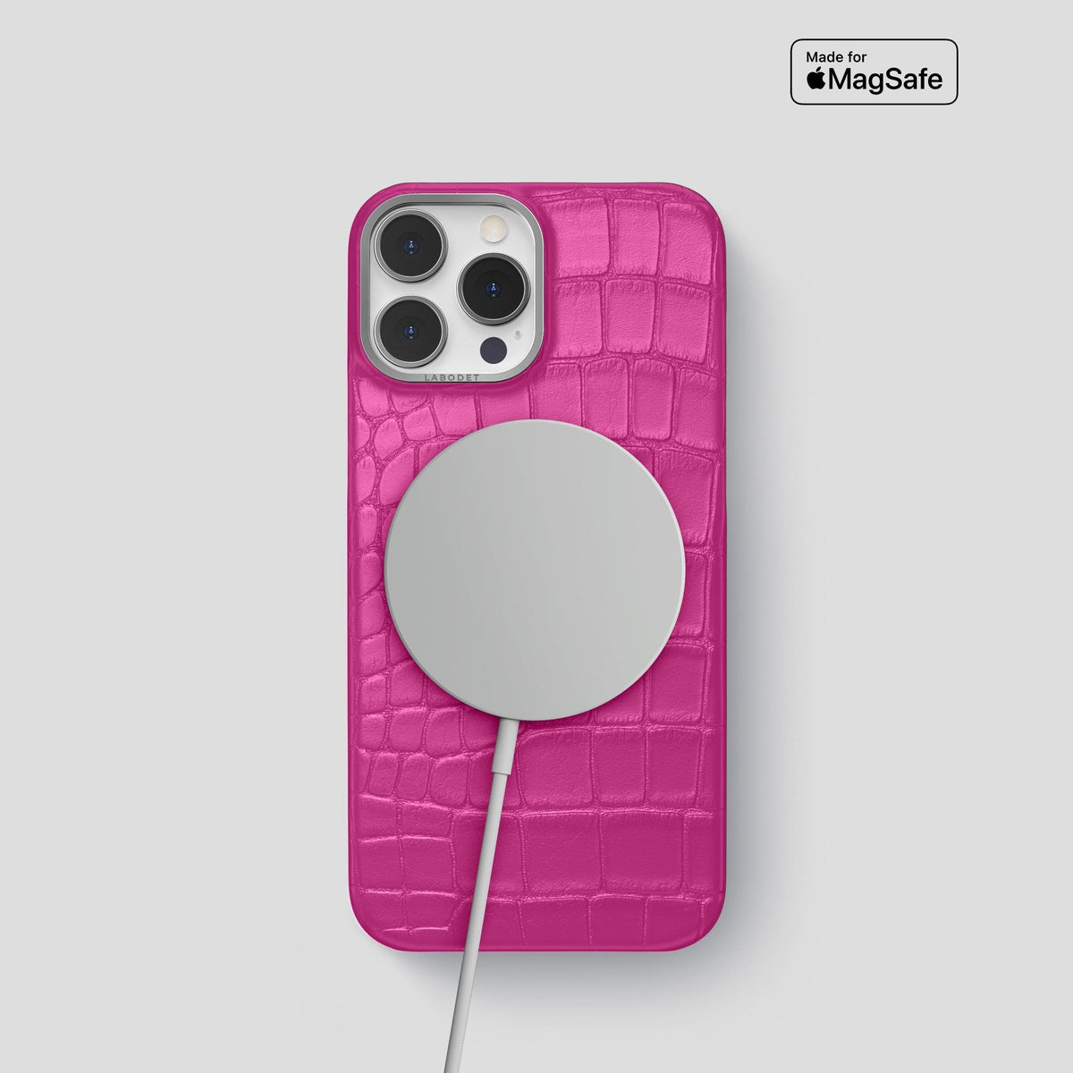 Fuchsia iPhone 14 Pro Classic Case Alligator with Steel Metal -4 | Fuchsia-Steel