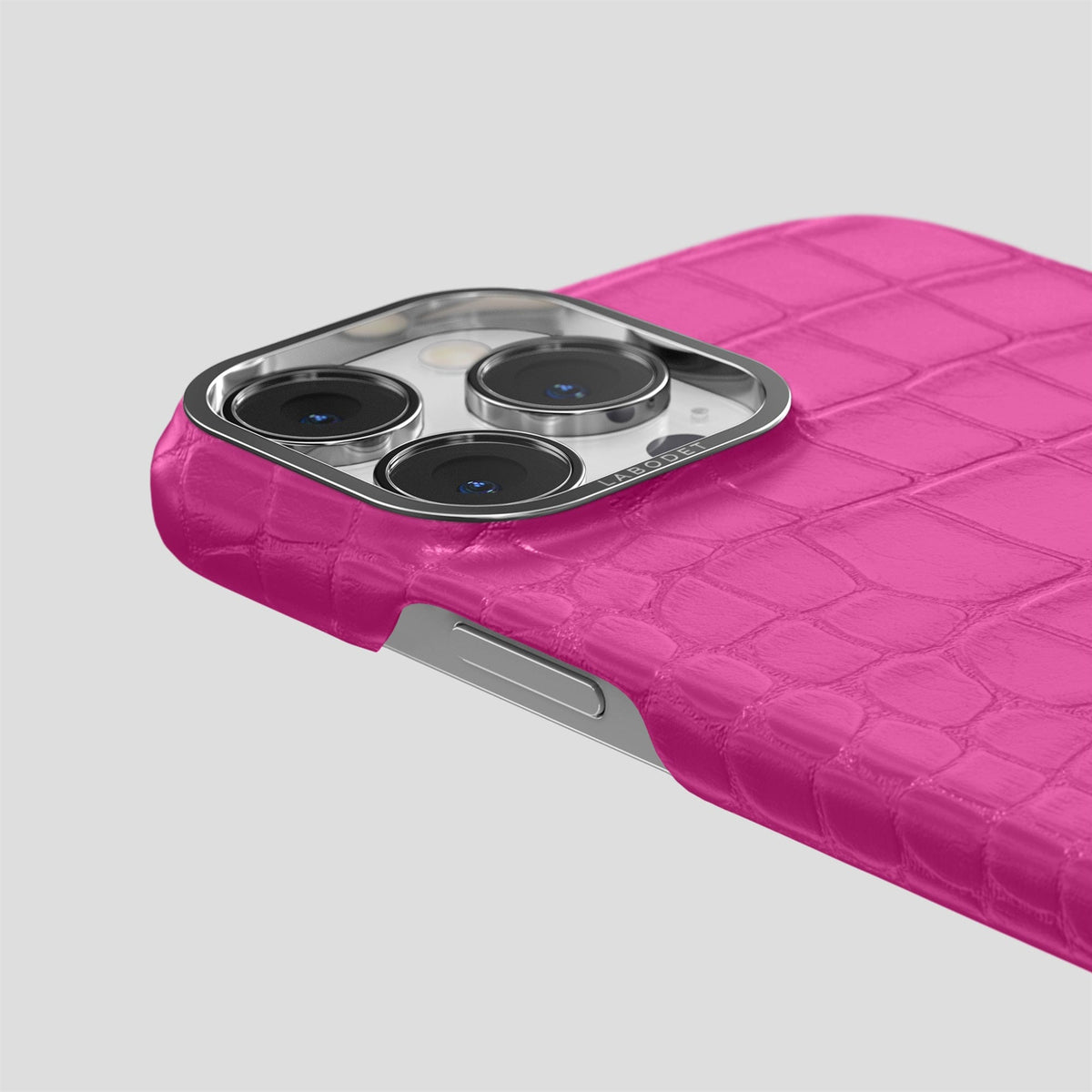 Fuchsia iPhone 14 Pro Classic Case Alligator with Steel Metal -5 | Fuchsia-Steel