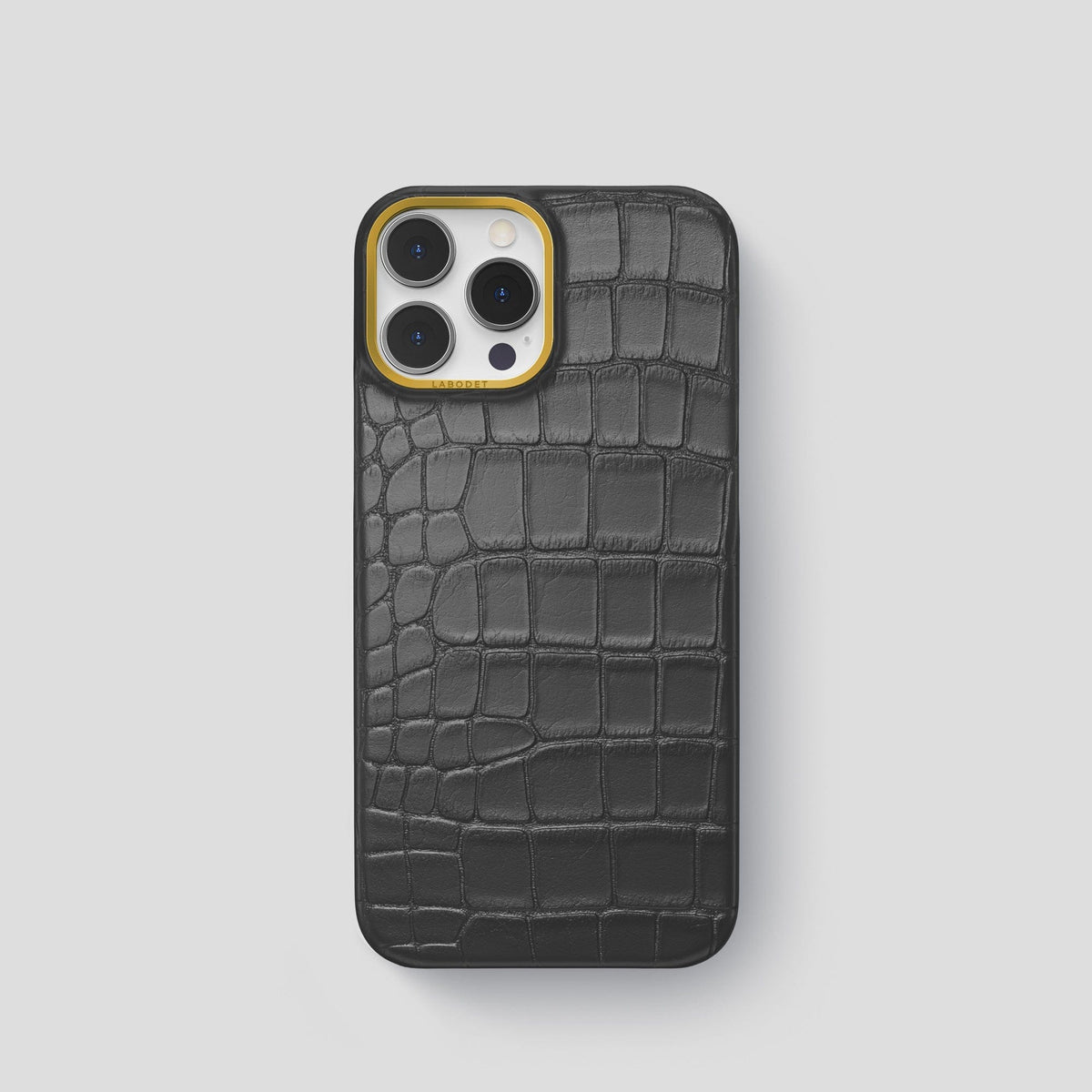 Grey iPhone 14 Pro Classic Case Alligator with Gold Metal -1 | Grey-Gold