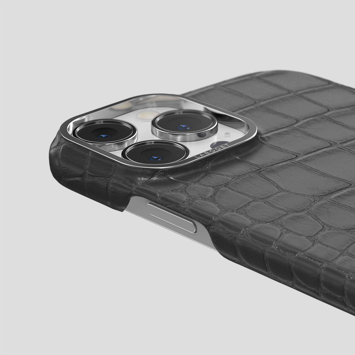 Grey iPhone 14 Pro Classic Case Alligator with Steel Metal -5 | Grey-Steel