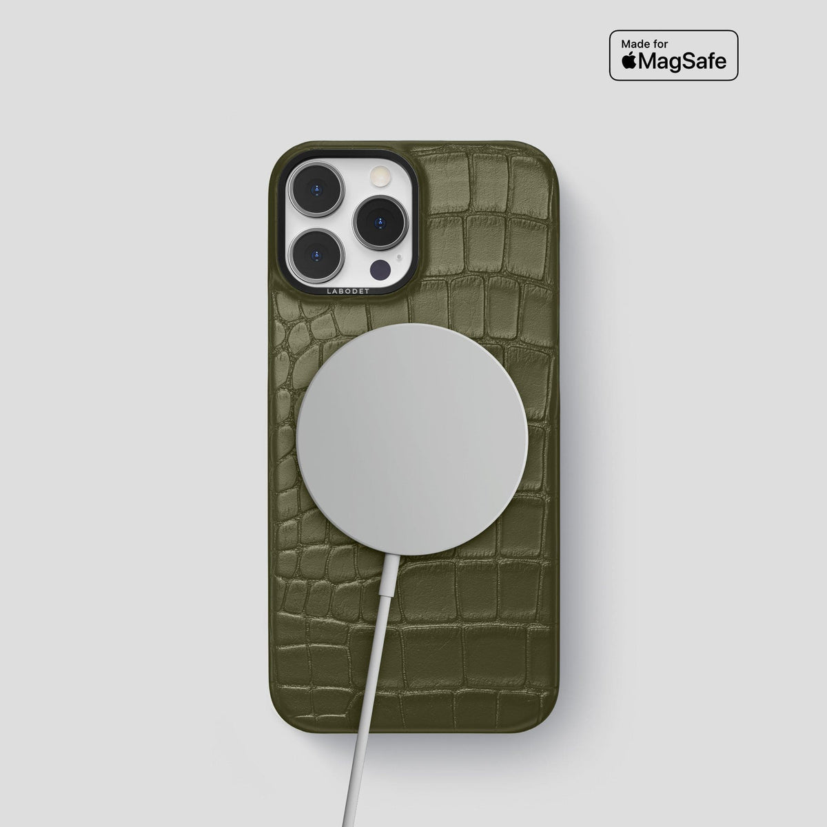 Kaki-Green iPhone 14 Pro Classic Case Alligator with Black Metal -4 | Kaki-Green-Black