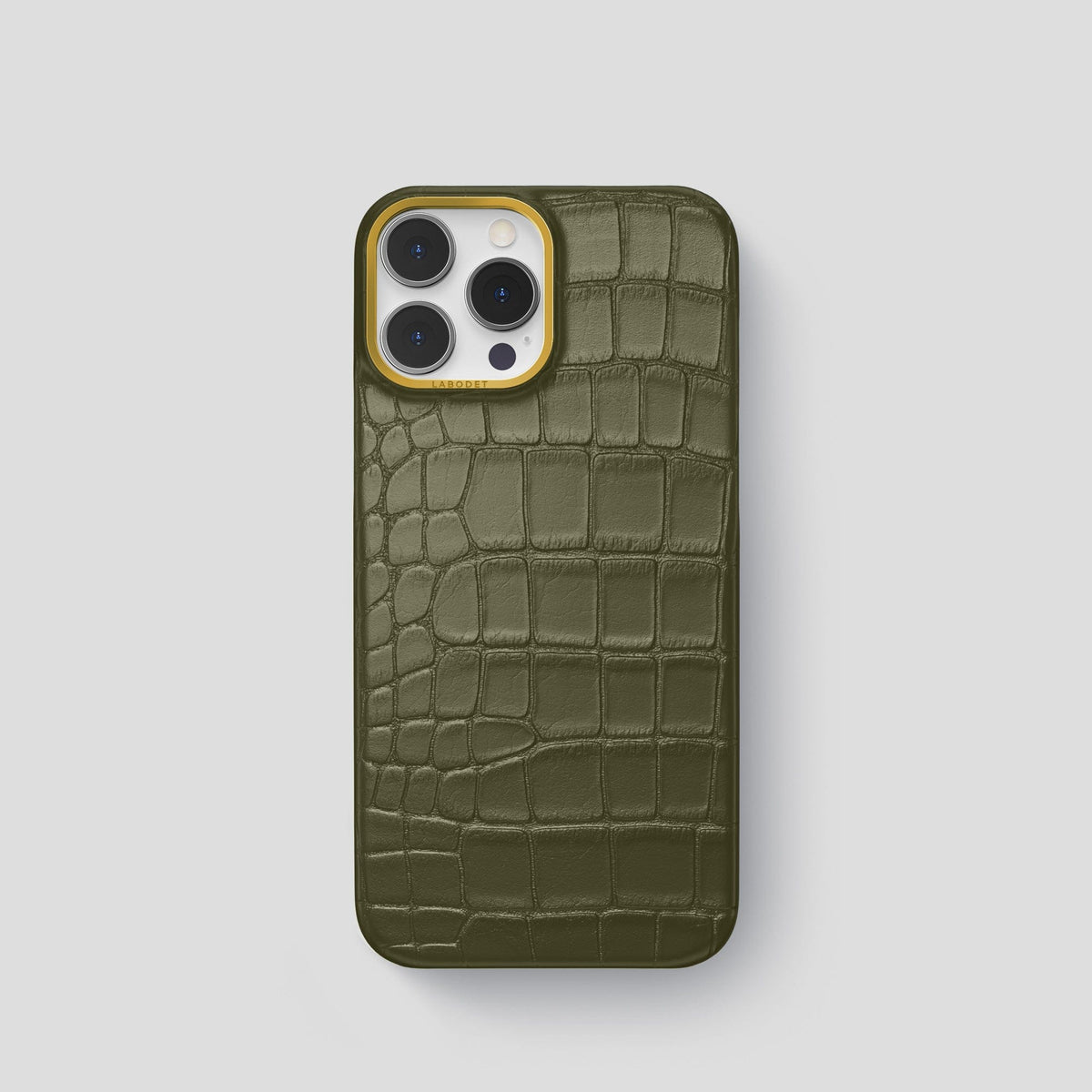 Kaki-Green iPhone 14 Pro Classic Case Alligator with Gold Metal -1 | Kaki-Green-Gold