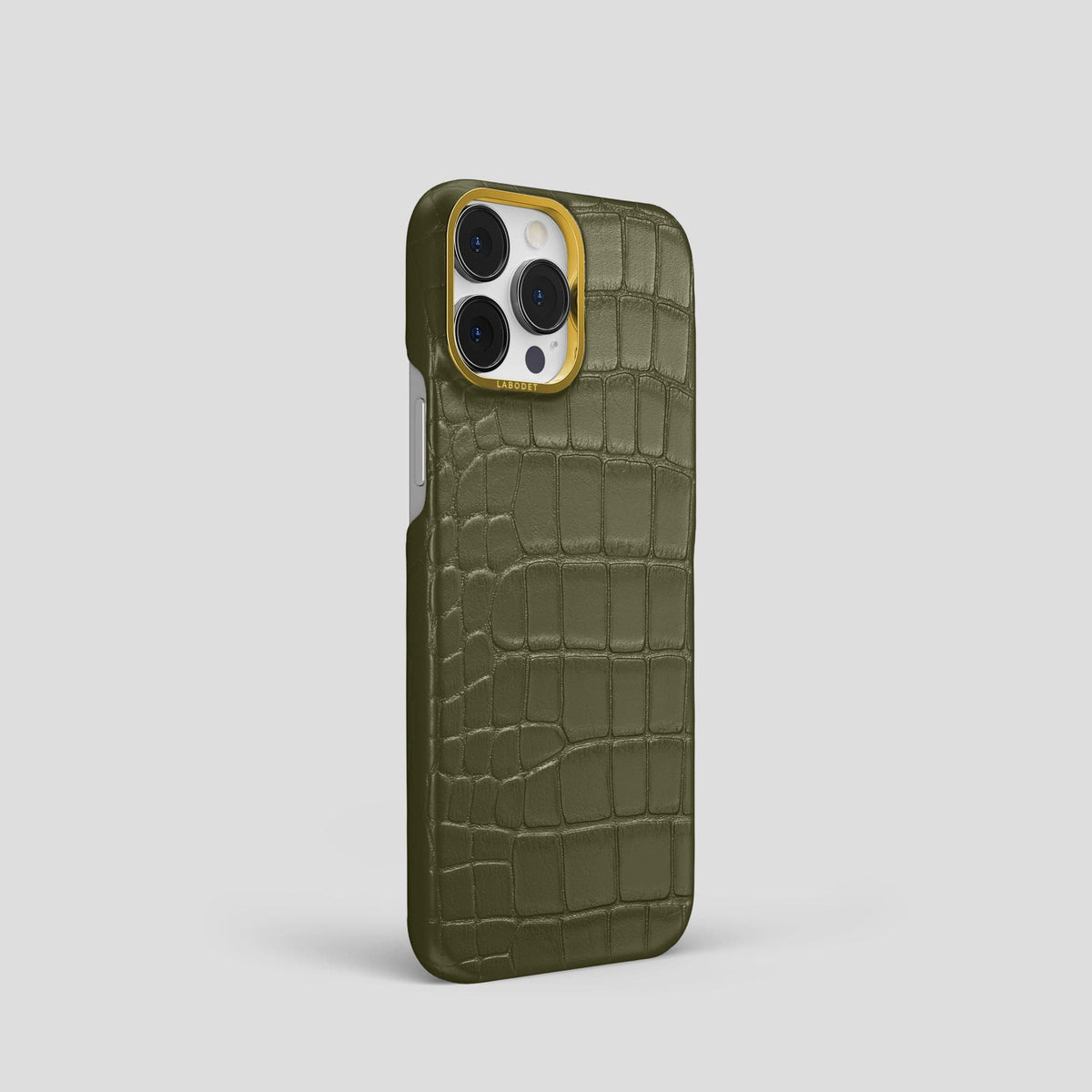 Kaki-Green iPhone 14 Pro Classic Case Alligator with Gold Metal -2 | Kaki-Green-Gold