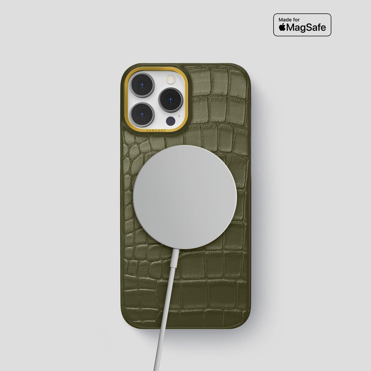 Kaki-Green iPhone 14 Pro Classic Case Alligator with Gold Metal -4 | Kaki-Green-Gold