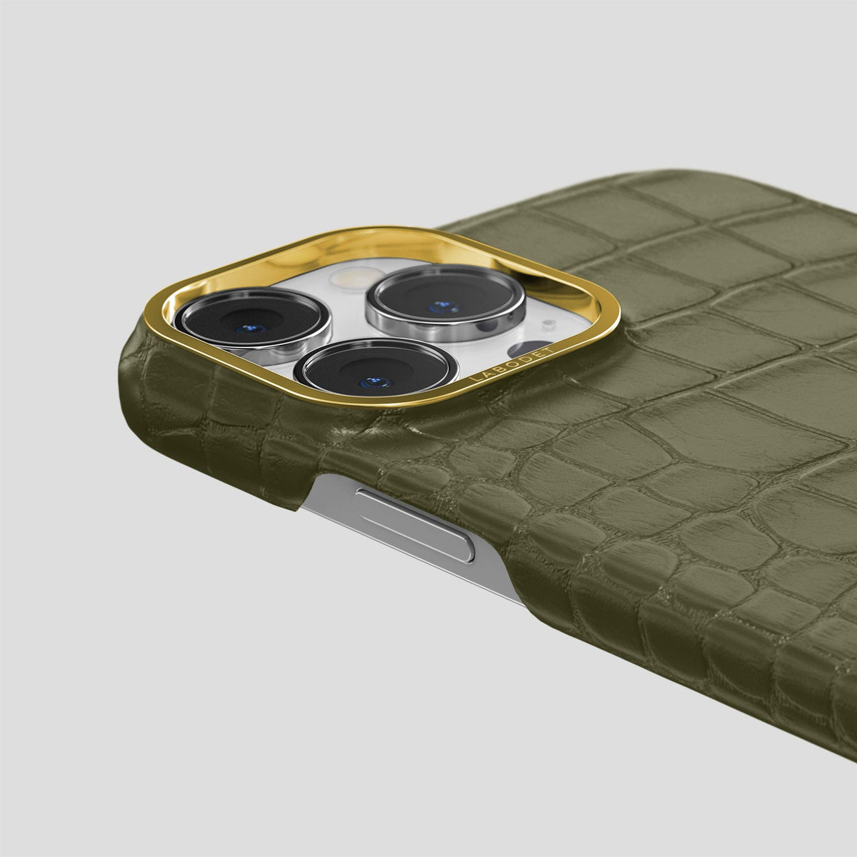 Kaki-Green iPhone 14 Pro Classic Case Alligator with Gold Metal -5 | Kaki-Green-Gold