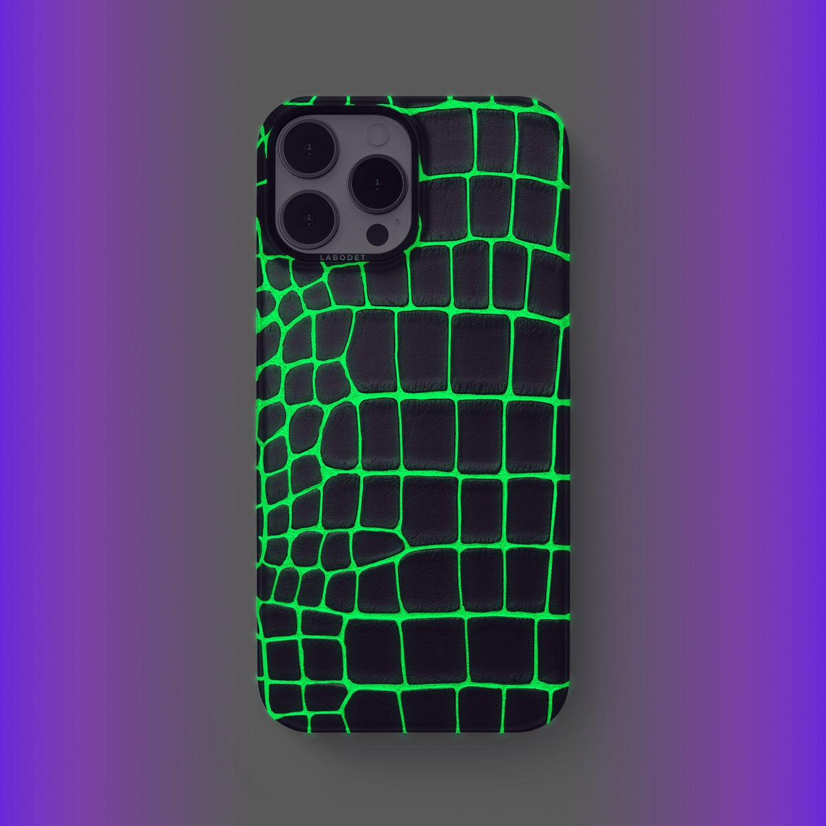 Neon-Green iPhone 14 Pro Max Classic Case Luminescent Alligator with Black Metal -2 | Neon-Green-Black