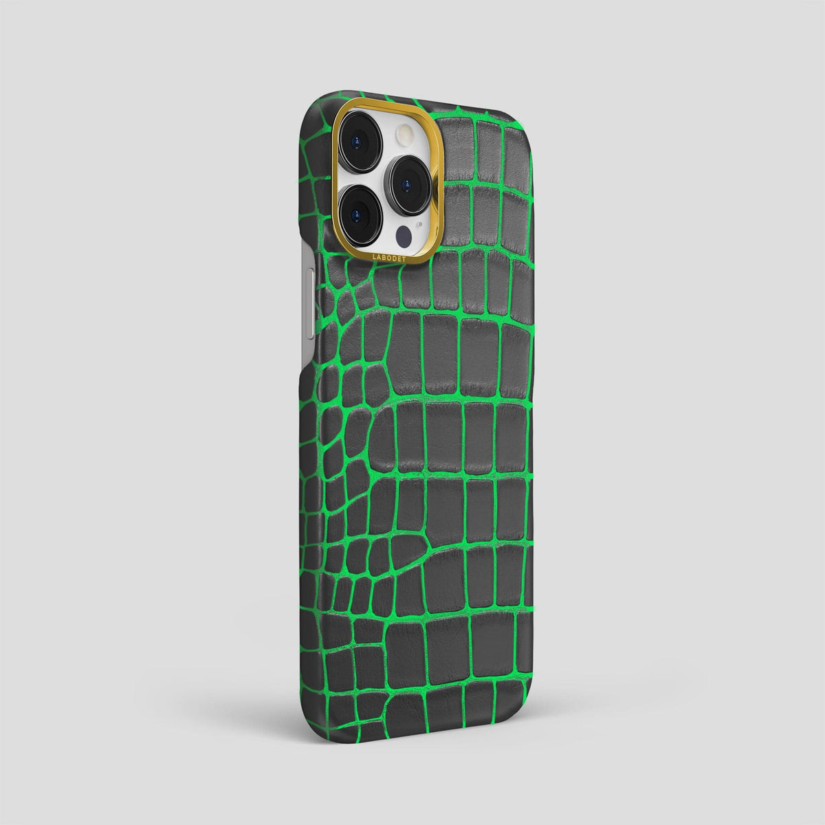 Neon-Green iPhone 14 Pro Max Classic Case Luminescent Alligator with Gold Metal -3 | Neon-Green-Gold