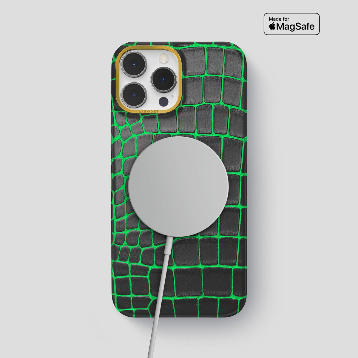 Neon-Green iPhone 14 Pro Max Classic Case Luminescent Alligator with Gold Metal -6 | Neon-Green-Gold