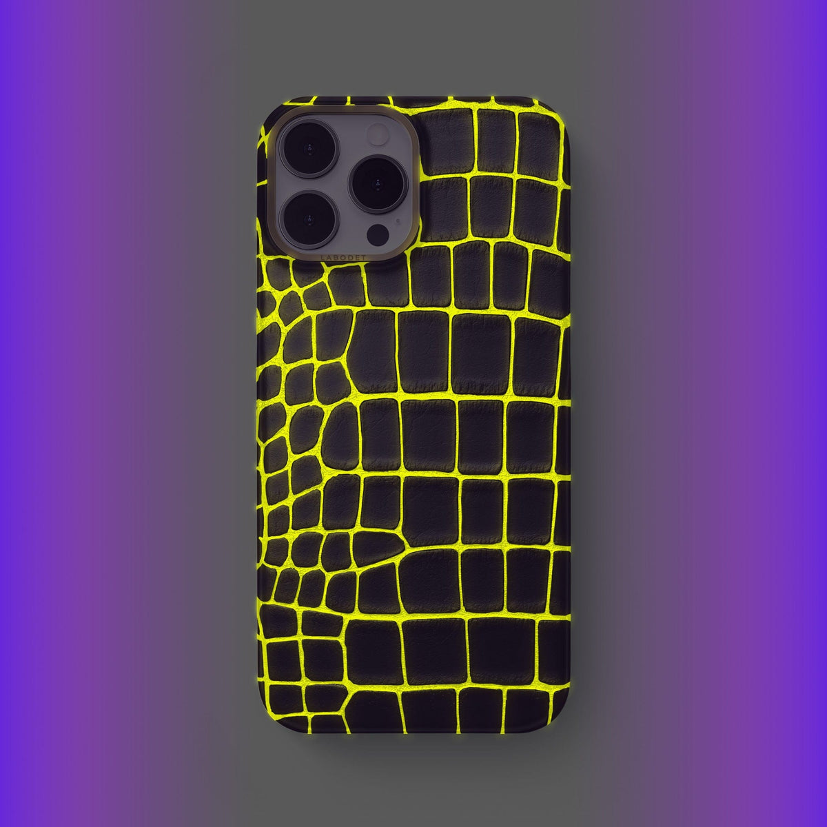 Neon-Yellow iPhone 14 Pro Max Classic Case Luminescent Alligator with Gold Metal -2 | Neon-Yellow-Gold