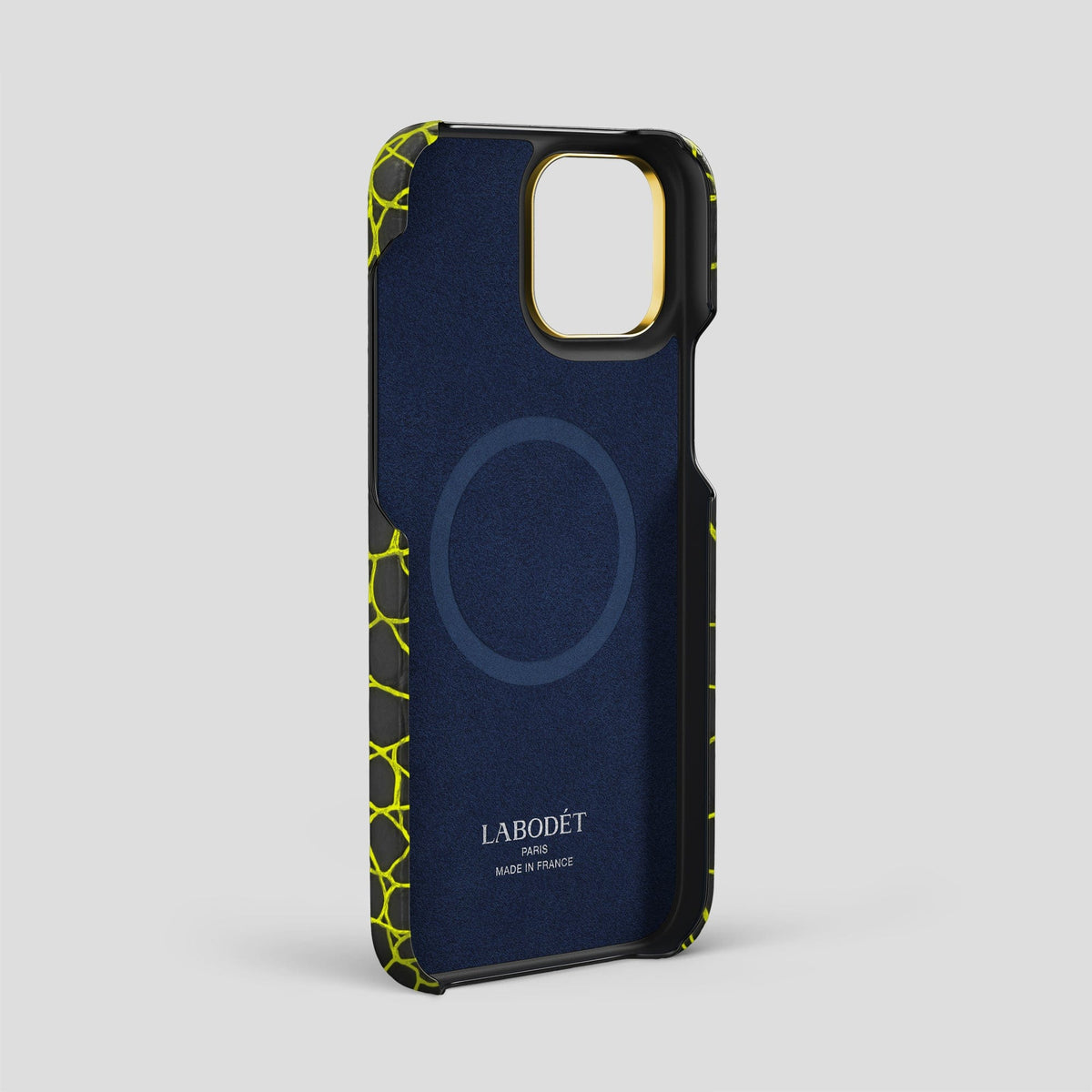 Neon-Yellow iPhone 14 Pro Max Classic Case Luminescent Alligator with Gold Metal -5 | Neon-Yellow-Gold