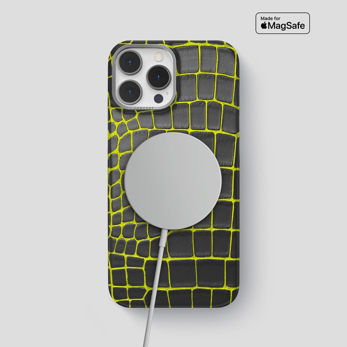 Neon-Yellow iPhone 14 Pro Max Classic Case Luminescent Alligator with Steel Metal -6 | Neon-Yellow-Steel