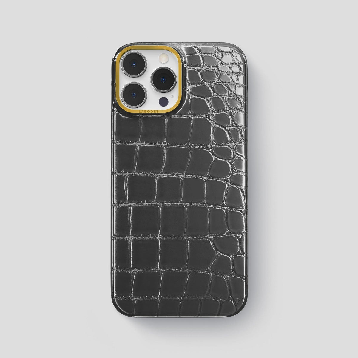 Grey iPhone 14 Pro Max Classic Case Patina Alligator with Gold Metal -1 | Grey-Gold