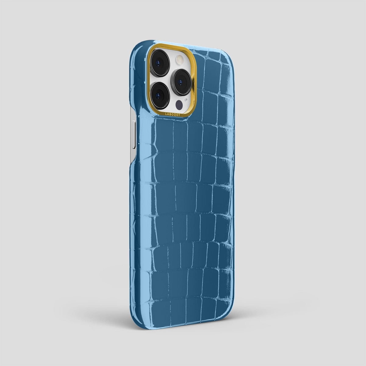 Turquoise-Blue iPhone 14 Pro Max Classic Case Shiny Alligator with Gold Metal -2 | Turqoise-Blue-Gold