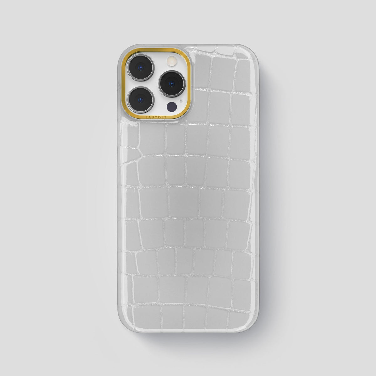 White iPhone 14 Pro Max Classic Case Shiny Alligator with Gold Metal -1 | White-Gold