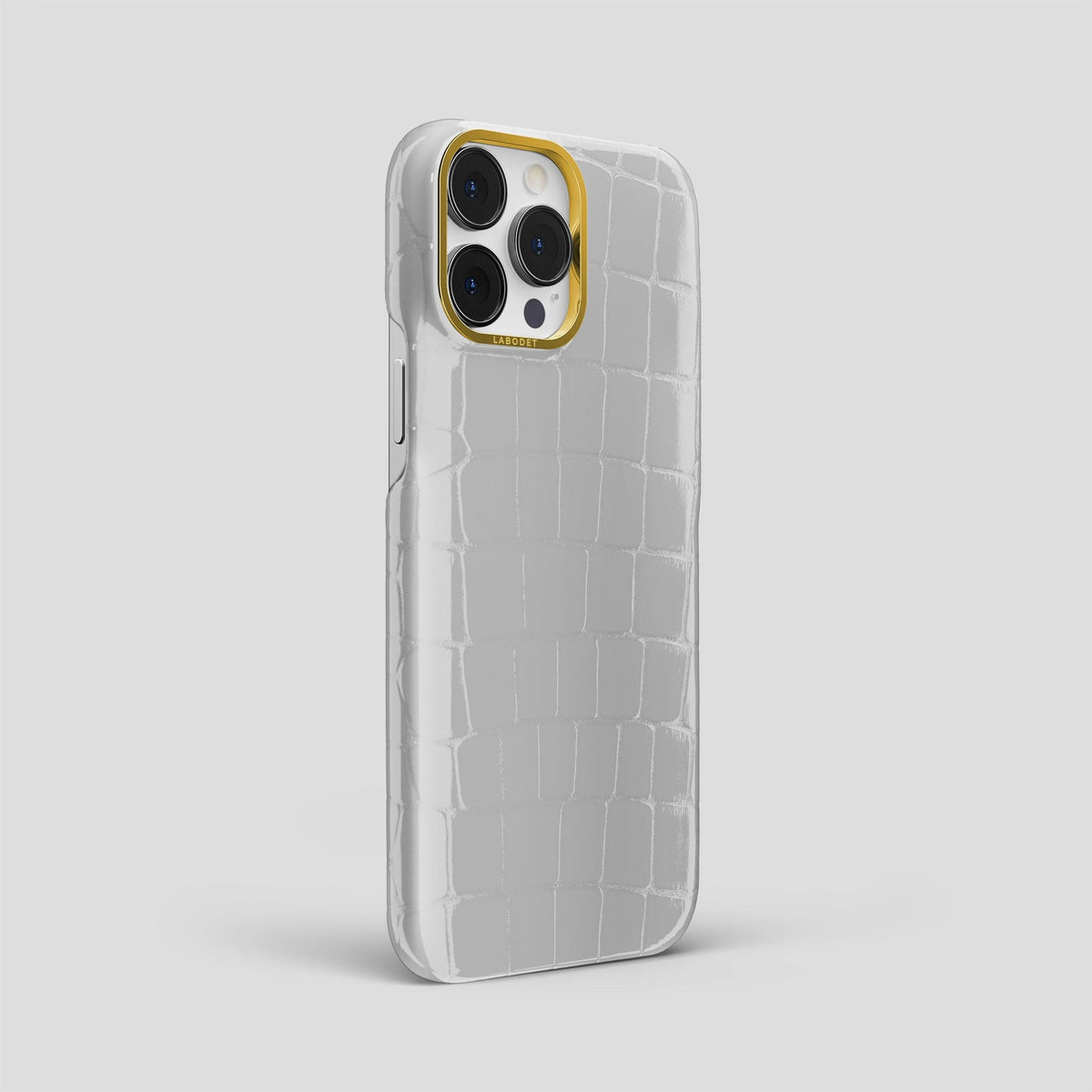 White iPhone 14 Pro Max Classic Case Shiny Alligator with Gold Metal -2 | White-Gold