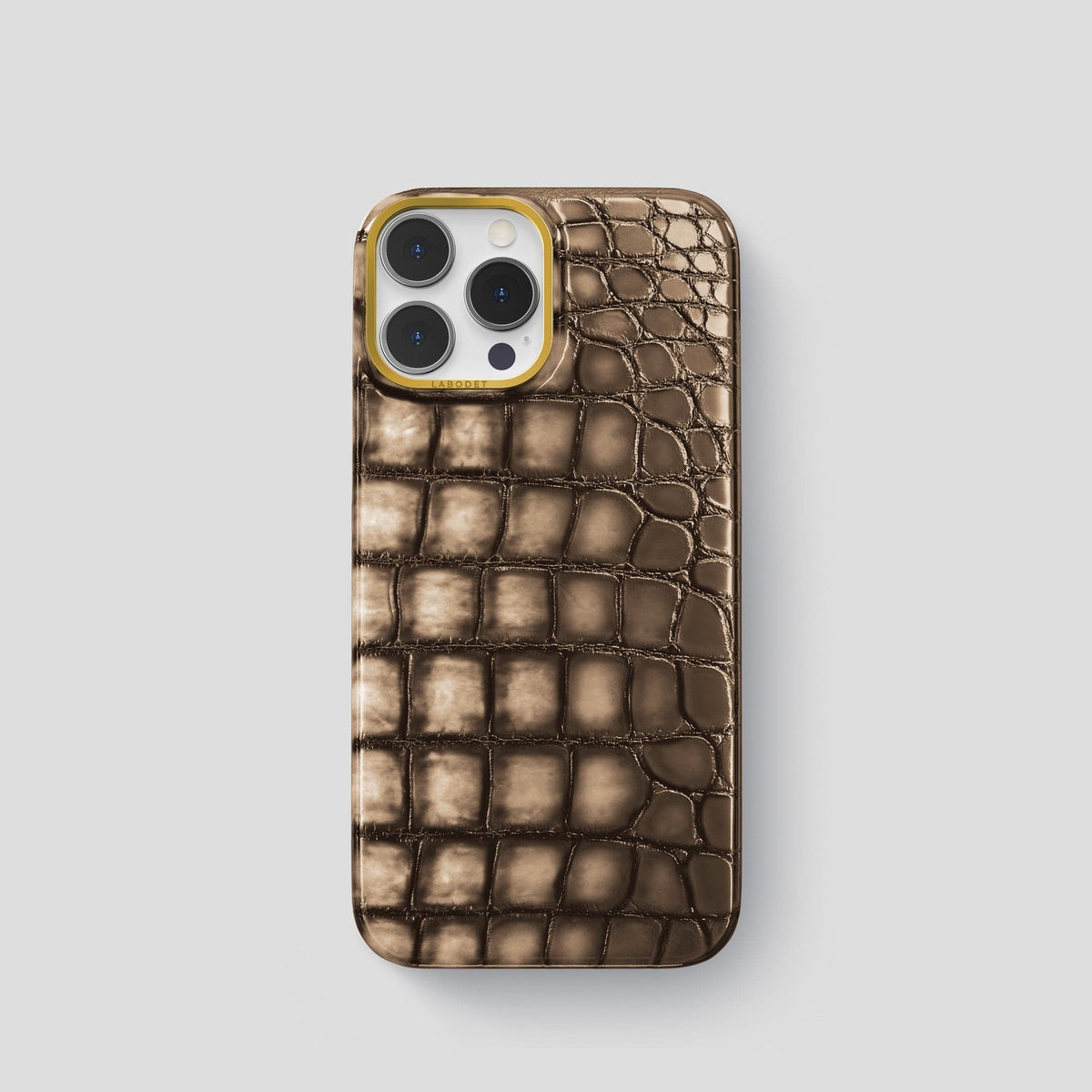Etoupe iPhone 14 Pro Classic Case Patina Alligator with Gold Metal -1 | Etoupe-Gold