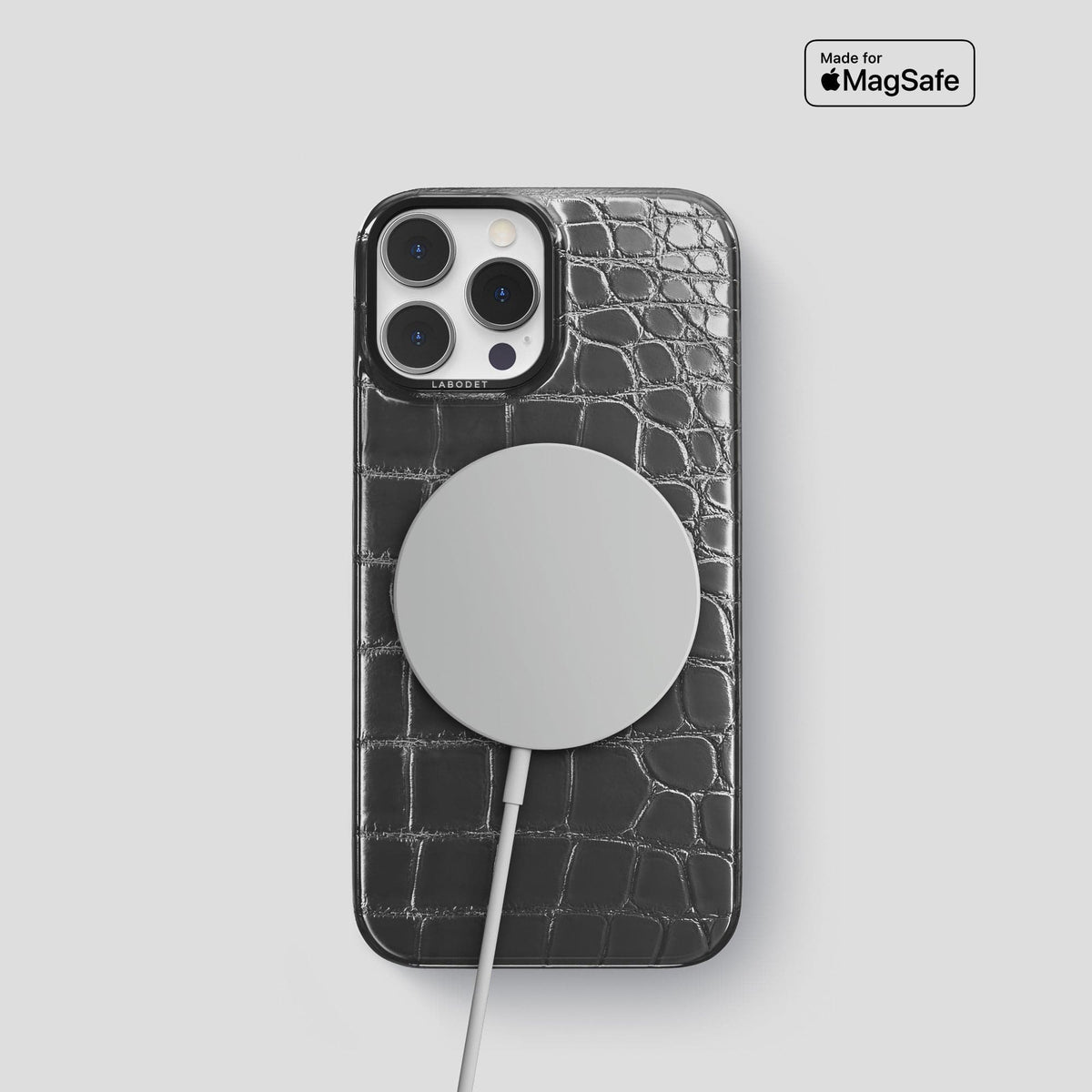 Grey iPhone 14 Pro Classic Case Patina Alligator with Black Metal -5 | Grey-Black