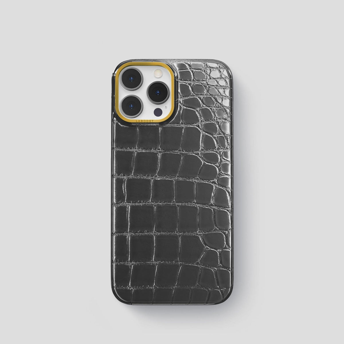 Grey iPhone 14 Pro Classic Case Patina Alligator with Gold Metal -1 | Grey-Gold