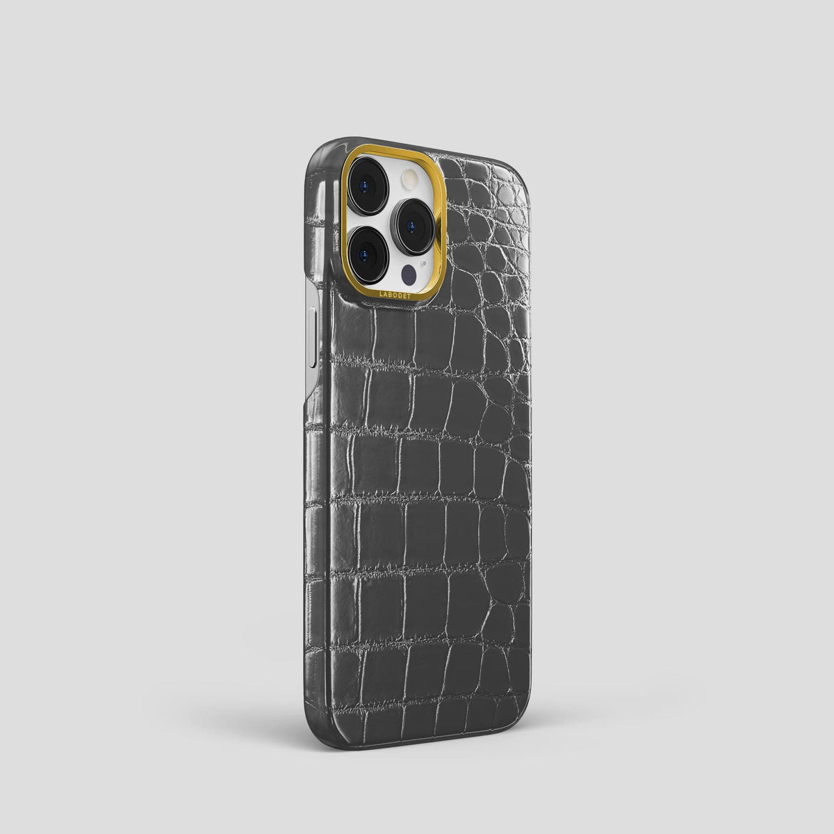 Grey iPhone 14 Pro Classic Case Patina Alligator with Gold Metal -2 | Grey-Gold