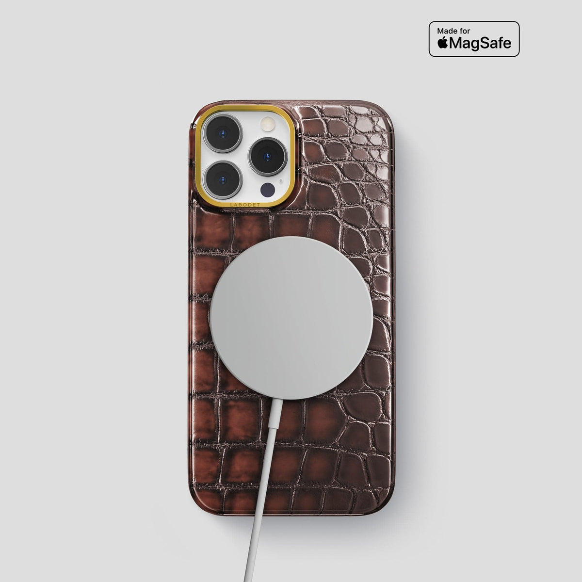 Havana-Brown iPhone 14 Pro Classic Case Patina Alligator with Gold Metal -5 | Havana-Brown-Gold