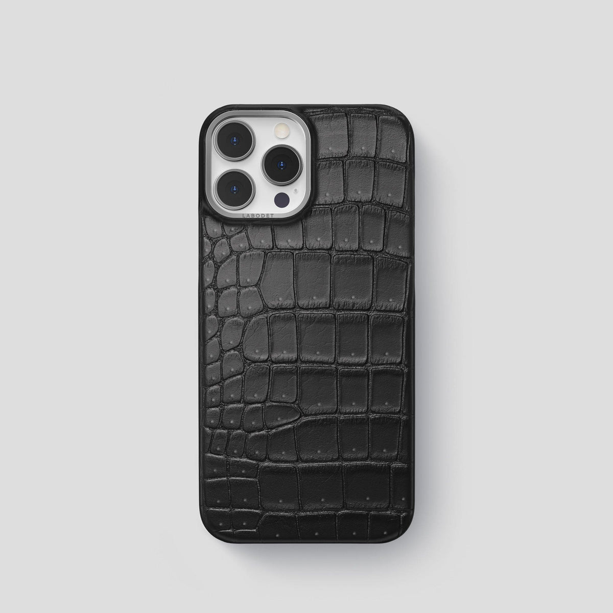 Black iPhone 14 Pro Classic Case Porosus Crocodile with Steel Metal -1 | Black-Steel