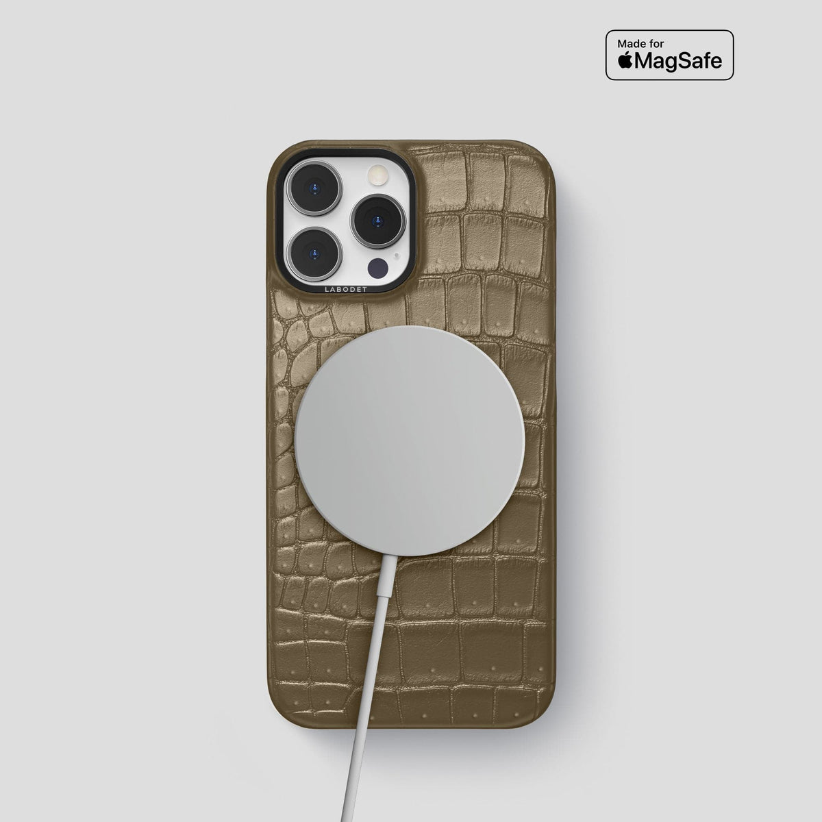 Kaki-Green iPhone 14 Pro Classic Case Porosus Crocodile with Black Metal -5 | Kaki-Green-Black