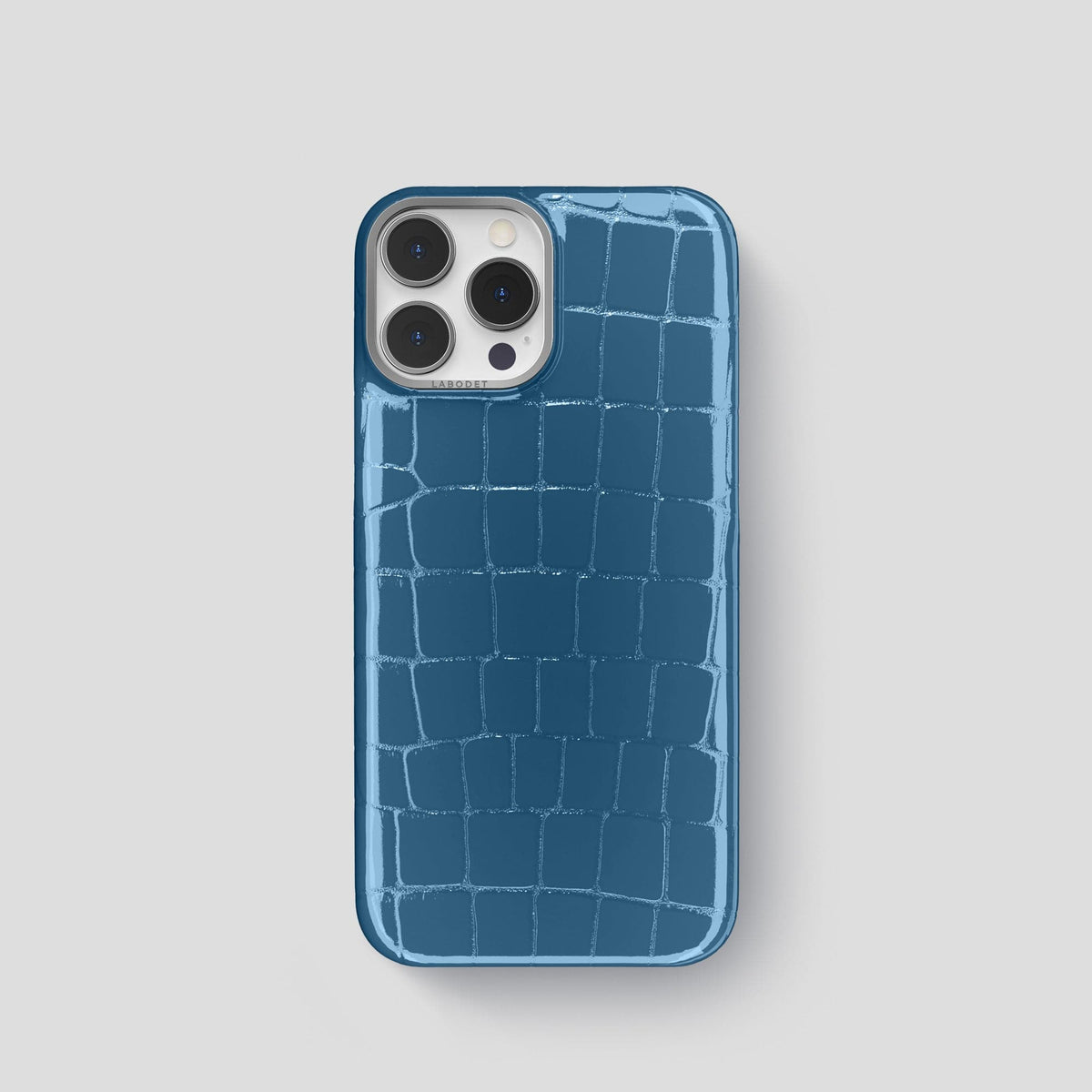 Turquoise-Blue iPhone 14 Shiny Alligator with Steel Metal -1 | Turqoise-Blue-Steel