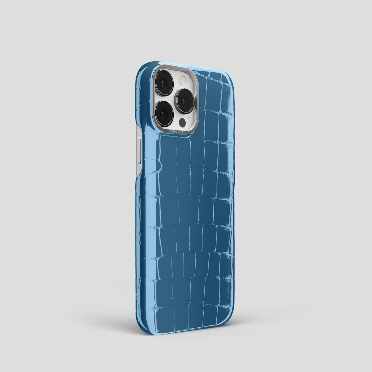 Turquoise-Blue iPhone 14 Shiny Alligator with Steel Metal -2 | Turqoise-Blue-Steel