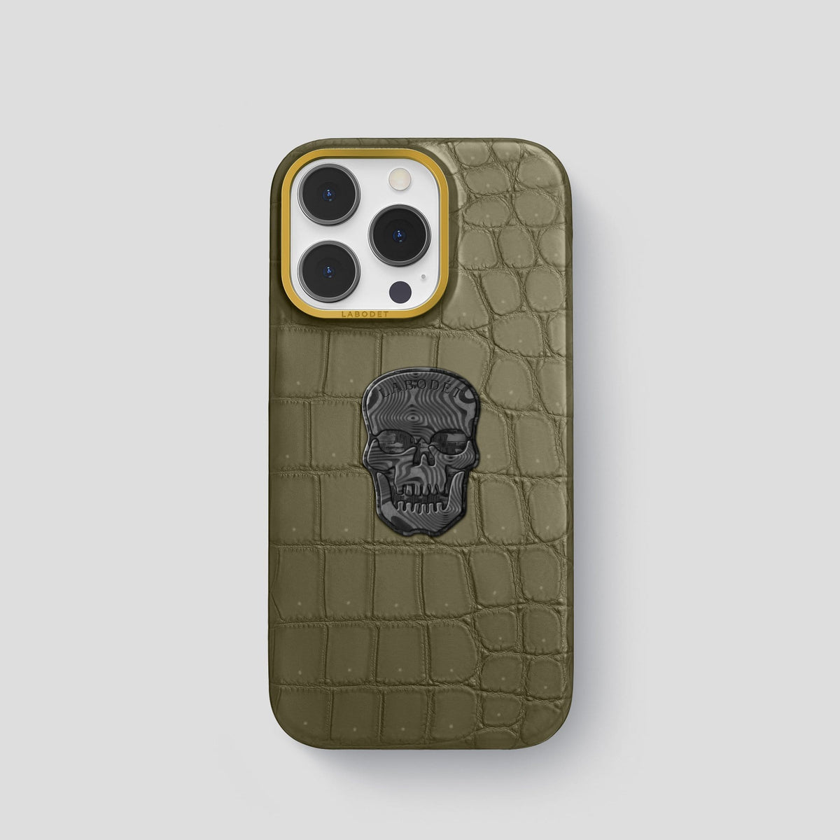 Kaki Green iPhone 14 Pro Classic Case with Gold Metal -1 | Kaki-Green-Gold