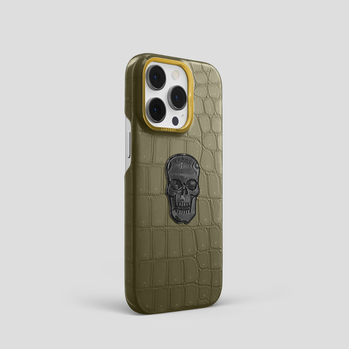 Kaki Green iPhone 14 Pro Classic Case with Gold Metal -2 | Kaki-Green-Gold