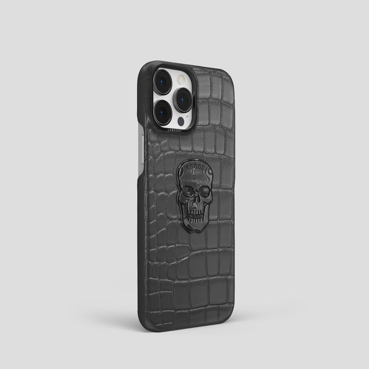 Grey iPhone 14 Pro Classic Case Alligator with Black Metal -2 | Grey-Black