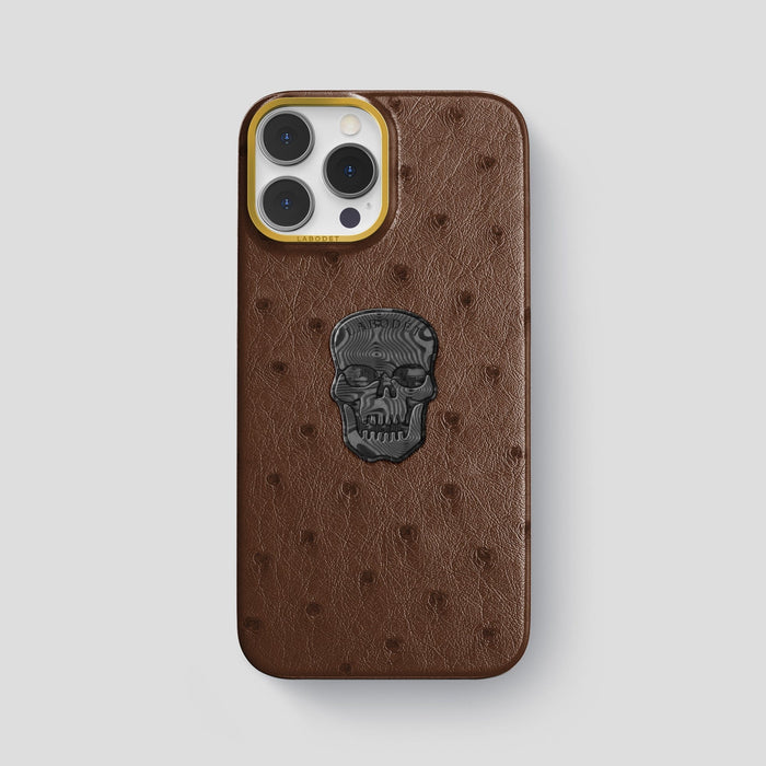 Chocolate iPhone 14 Pro Max Classic Case Ostrich with Gold Metal -1 | Chocolate-Gold