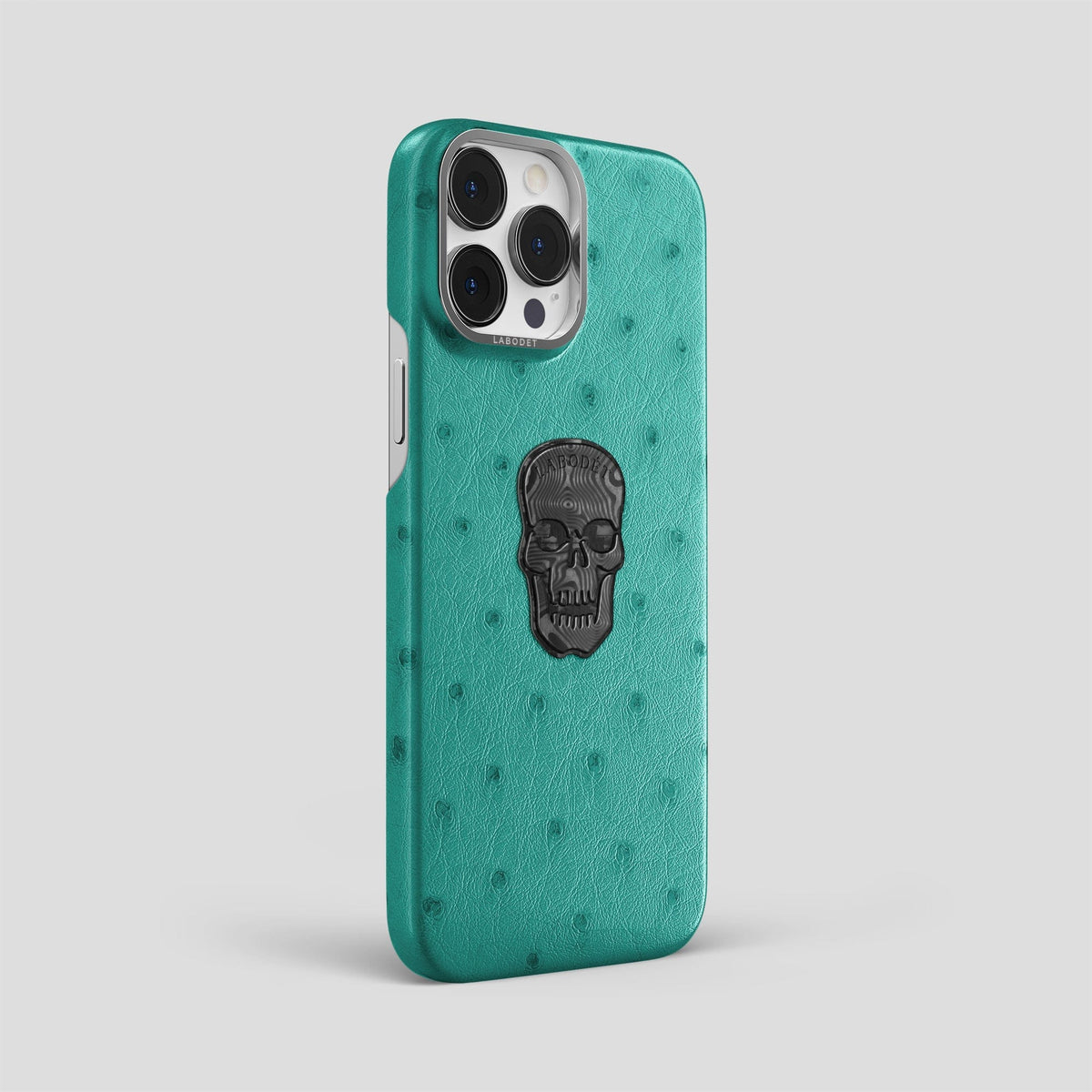 Turquoise iPhone 14 Pro Max Classic Case Ostrich with Steel Metal -2 | Turquoise-Steel