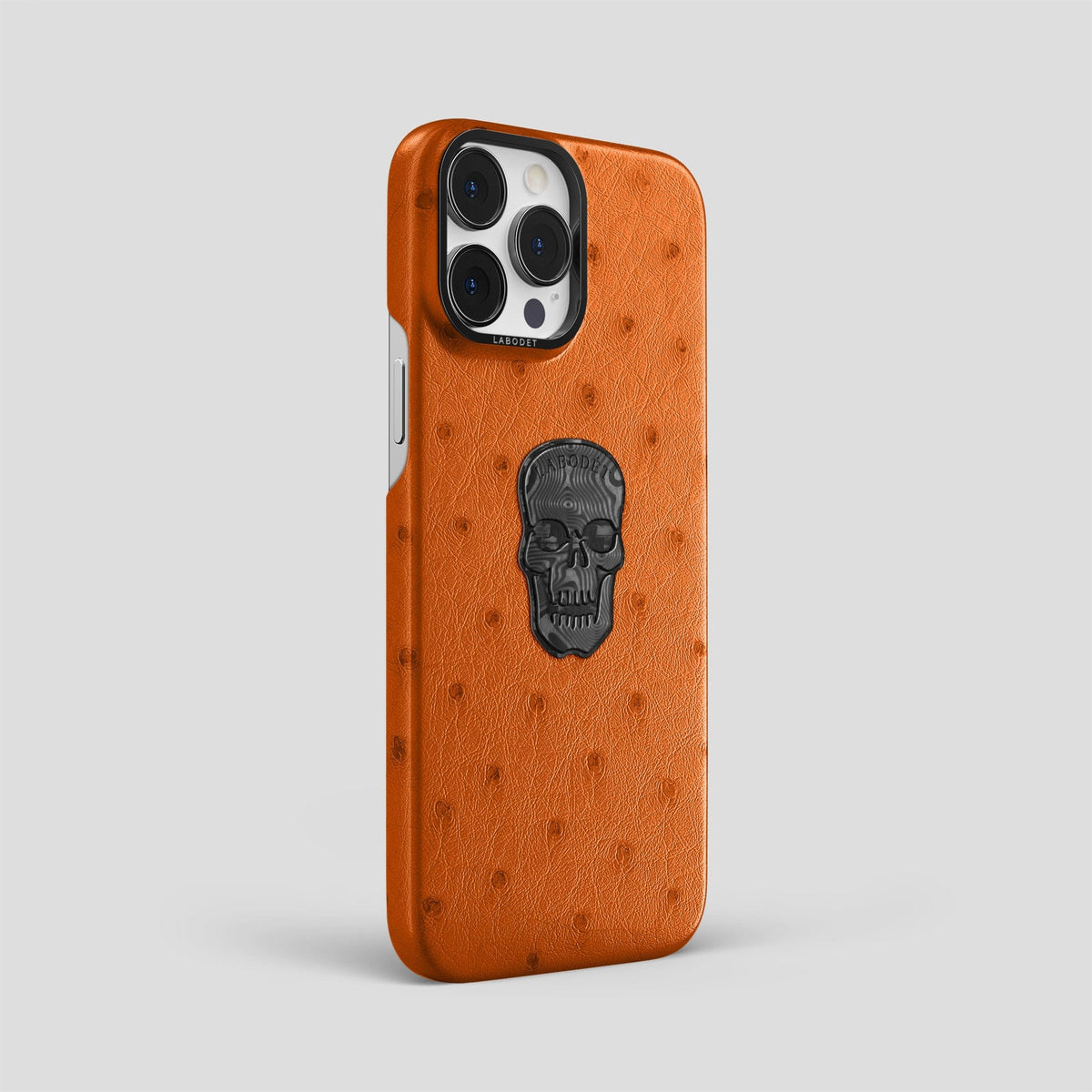 Medium-Brown iPhone 14 Pro Max Classic Case Ostrich with Black Metal -2 | Medium-Brown-Black