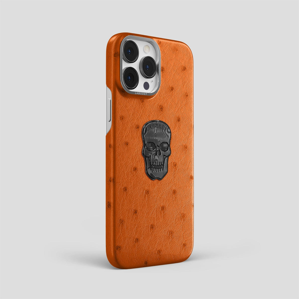 Medium-Brown iPhone 14 Pro Max Classic Case Ostrich with Steel Metal -2 | Medium-Brown-Steel