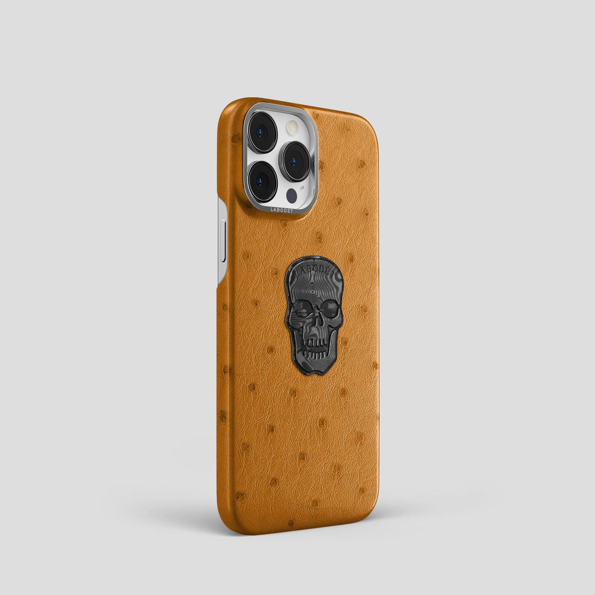 Chestnut iPhone 14 Pro Classic Case Ostrich with Steel Metal -2 | Chestnut-Steel