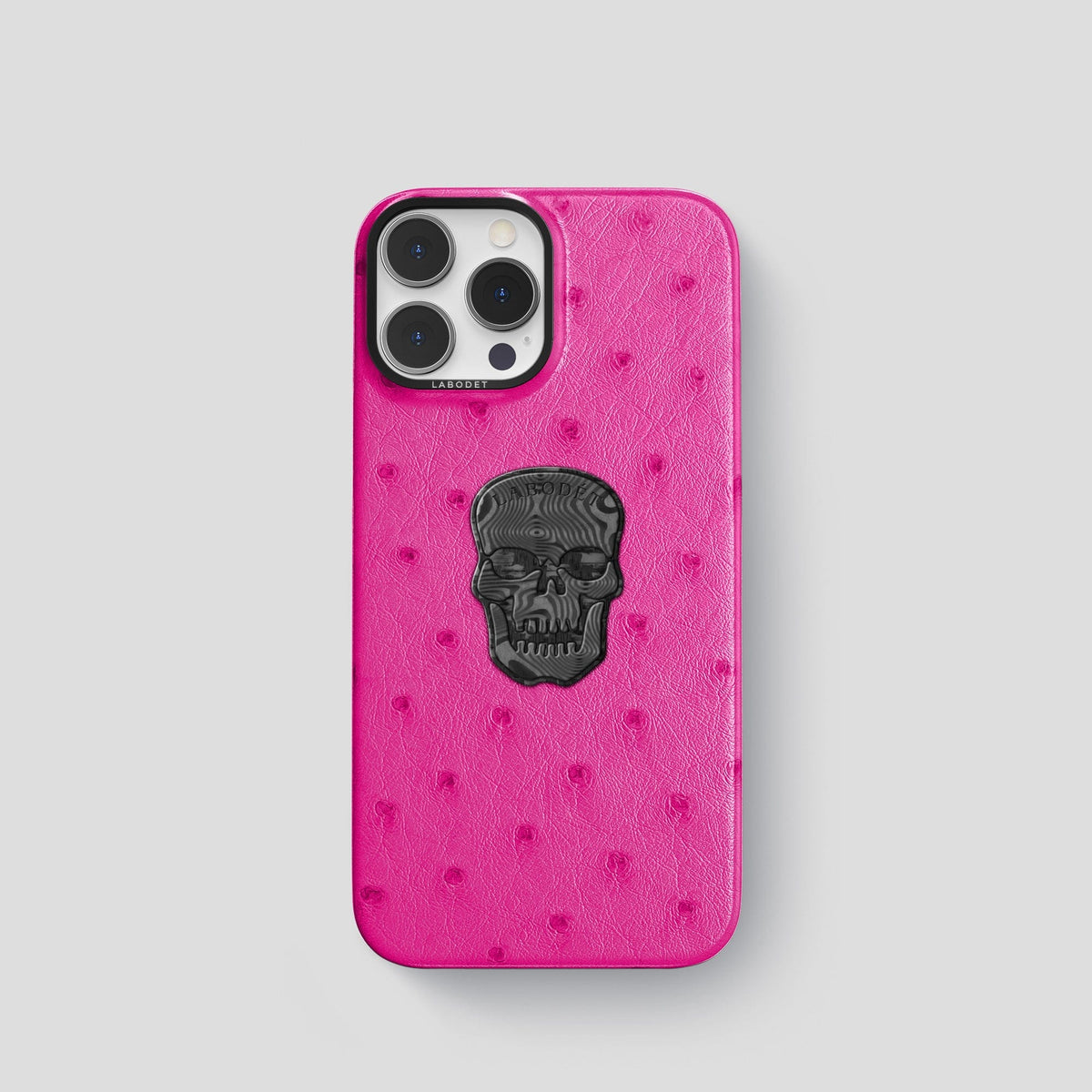 Fuchsia iPhone 14 Pro Classic Case Ostrich with Black Metal -1 | Fuchsia-Black