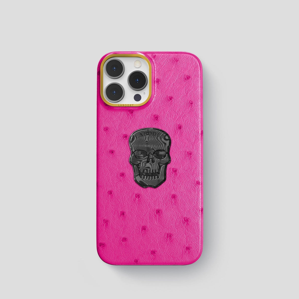 Fuchsia iPhone 14 Pro Classic Case Ostrich with Gold Metal -1 | Fuchsia-Gold