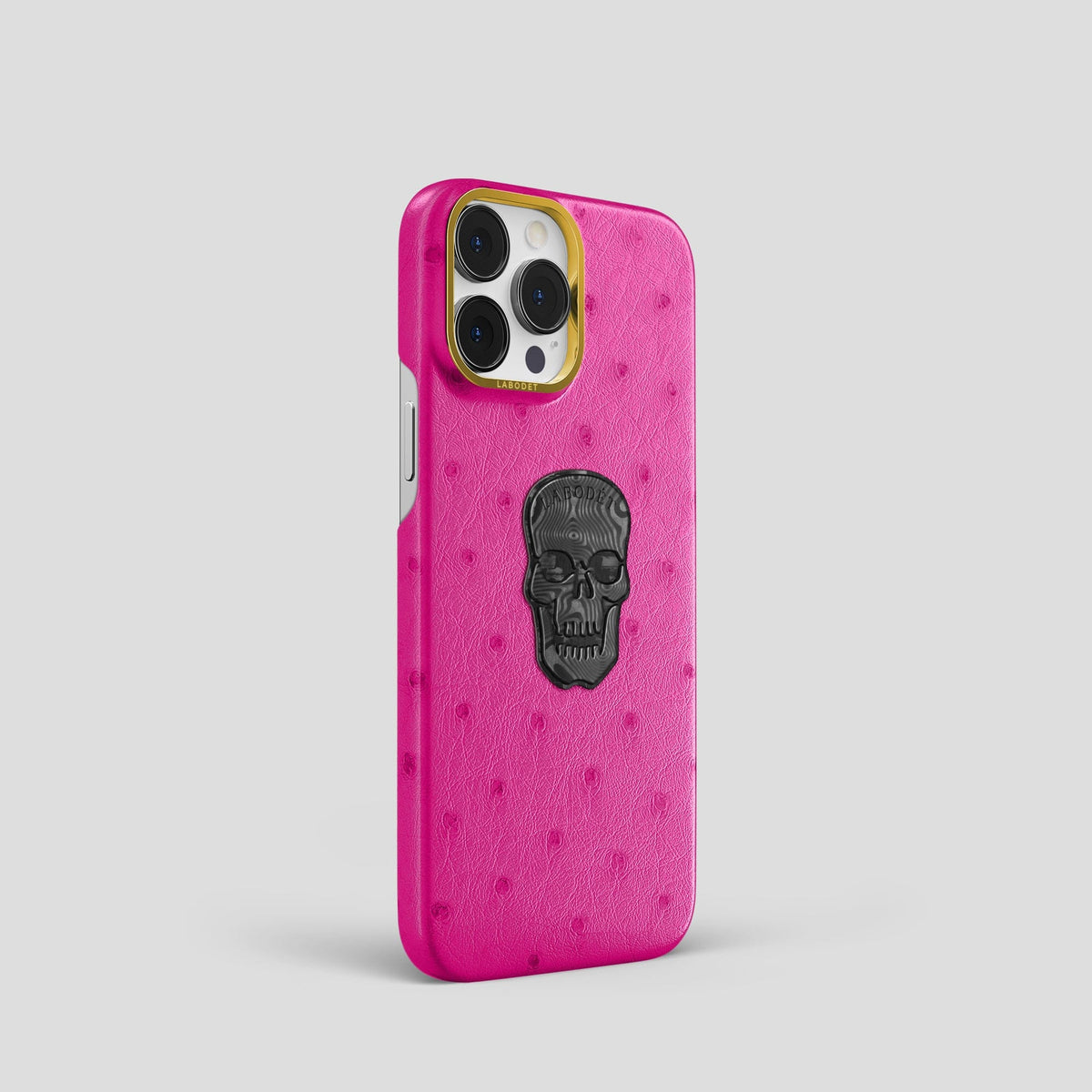 Fuchsia iPhone 14 Pro Classic Case Ostrich with Gold Metal -2 | Fuchsia-Gold