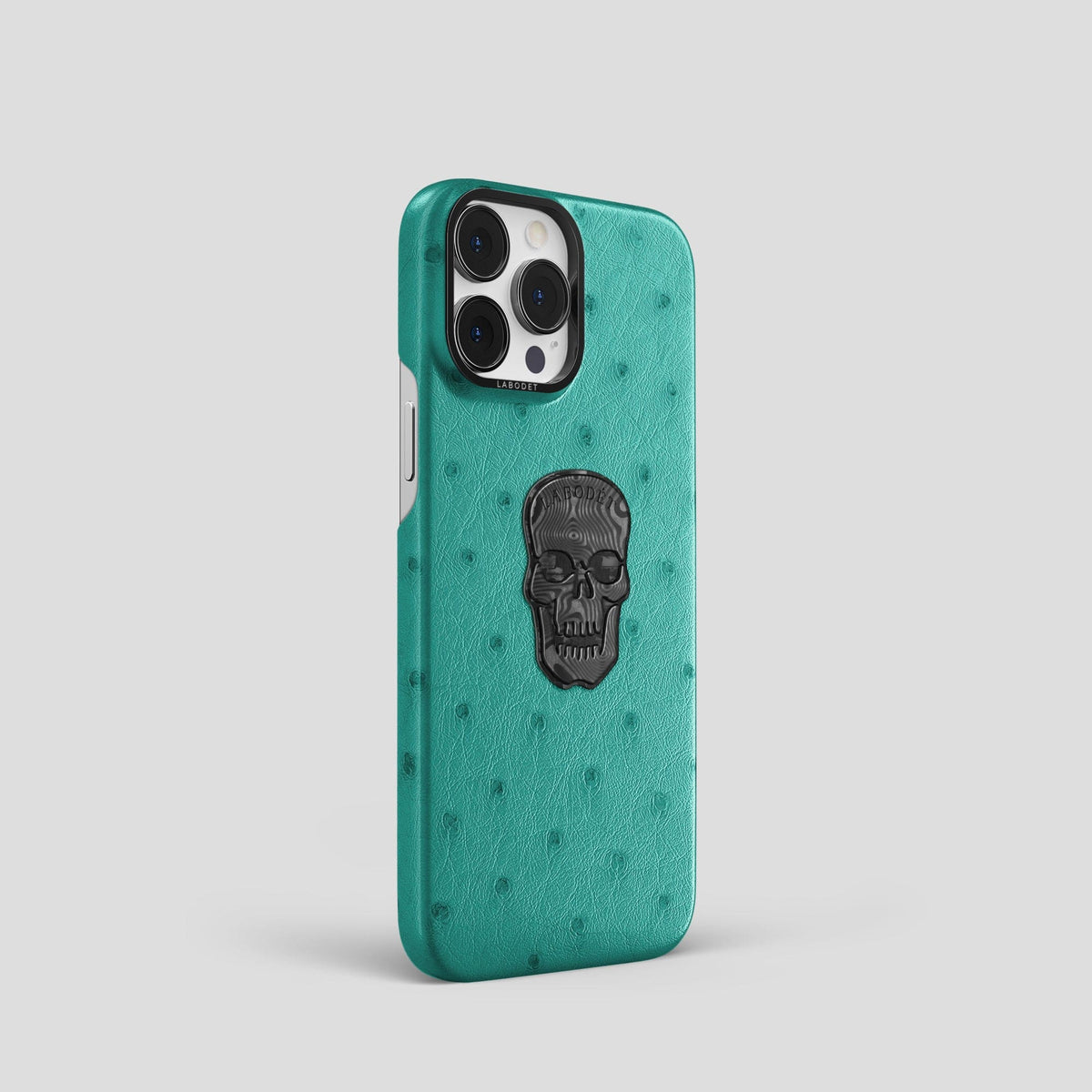 Turquoise iPhone 14 Pro Classic Case Ostrich with Black Metal -2 | Turquoise-Black