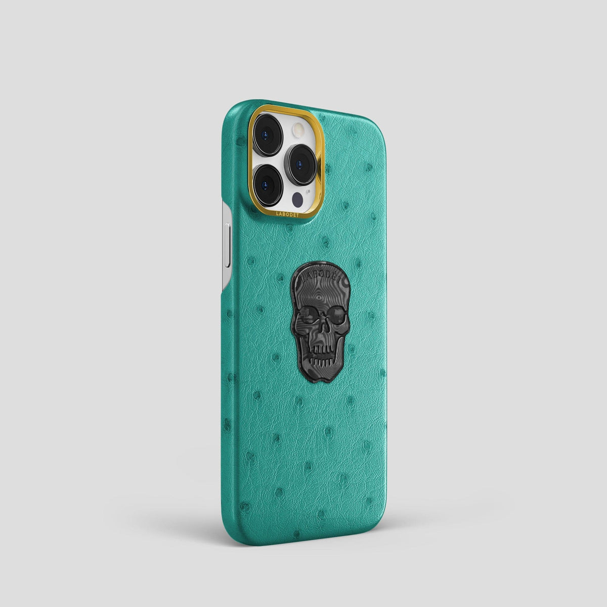 Turquoise iPhone 14 Pro Classic Case Ostrich with Gold Metal -2 | Turquoise-Gold