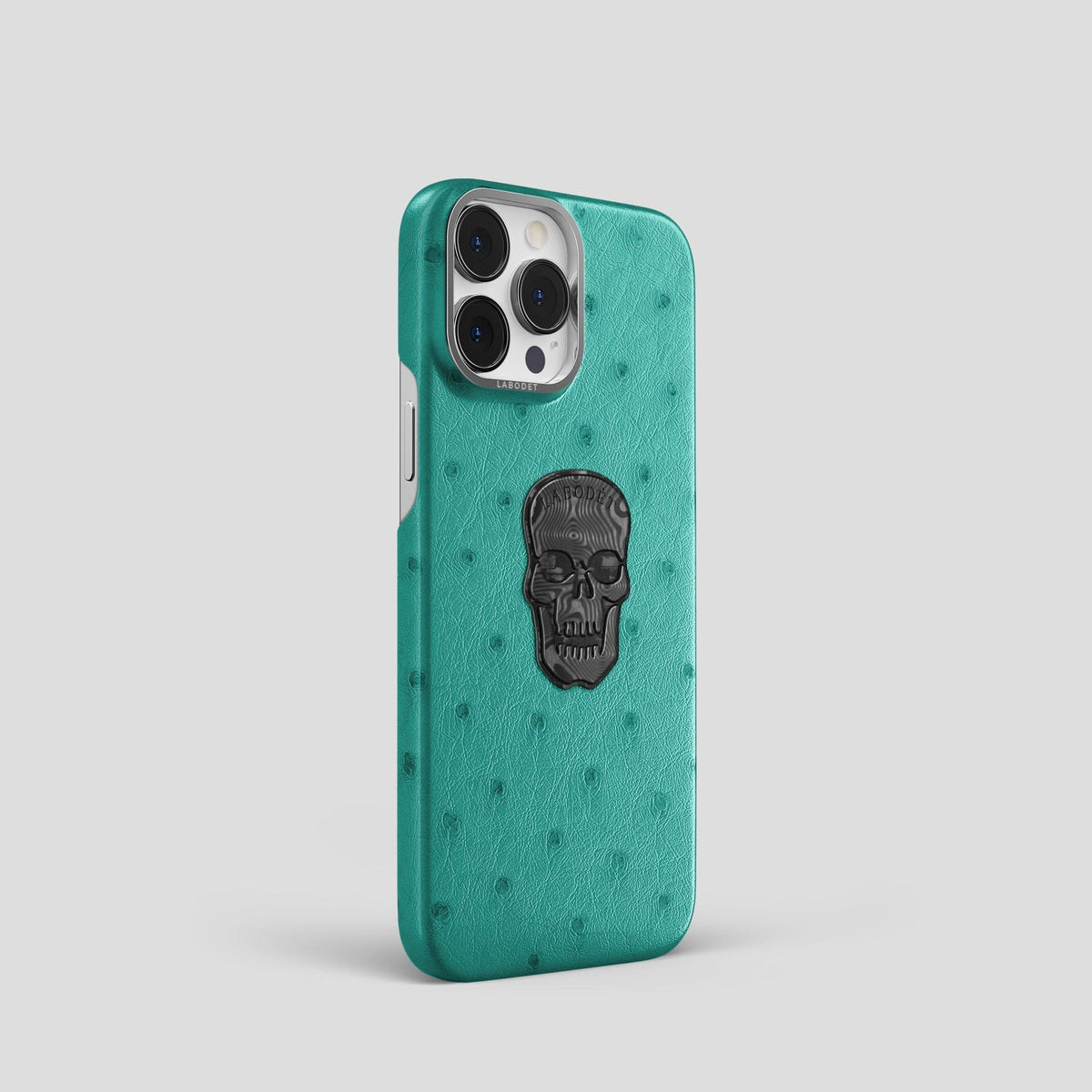 Turquoise iPhone 14 Pro Classic Case Ostrich with Steel Metal -2 | Turquoise-Steel