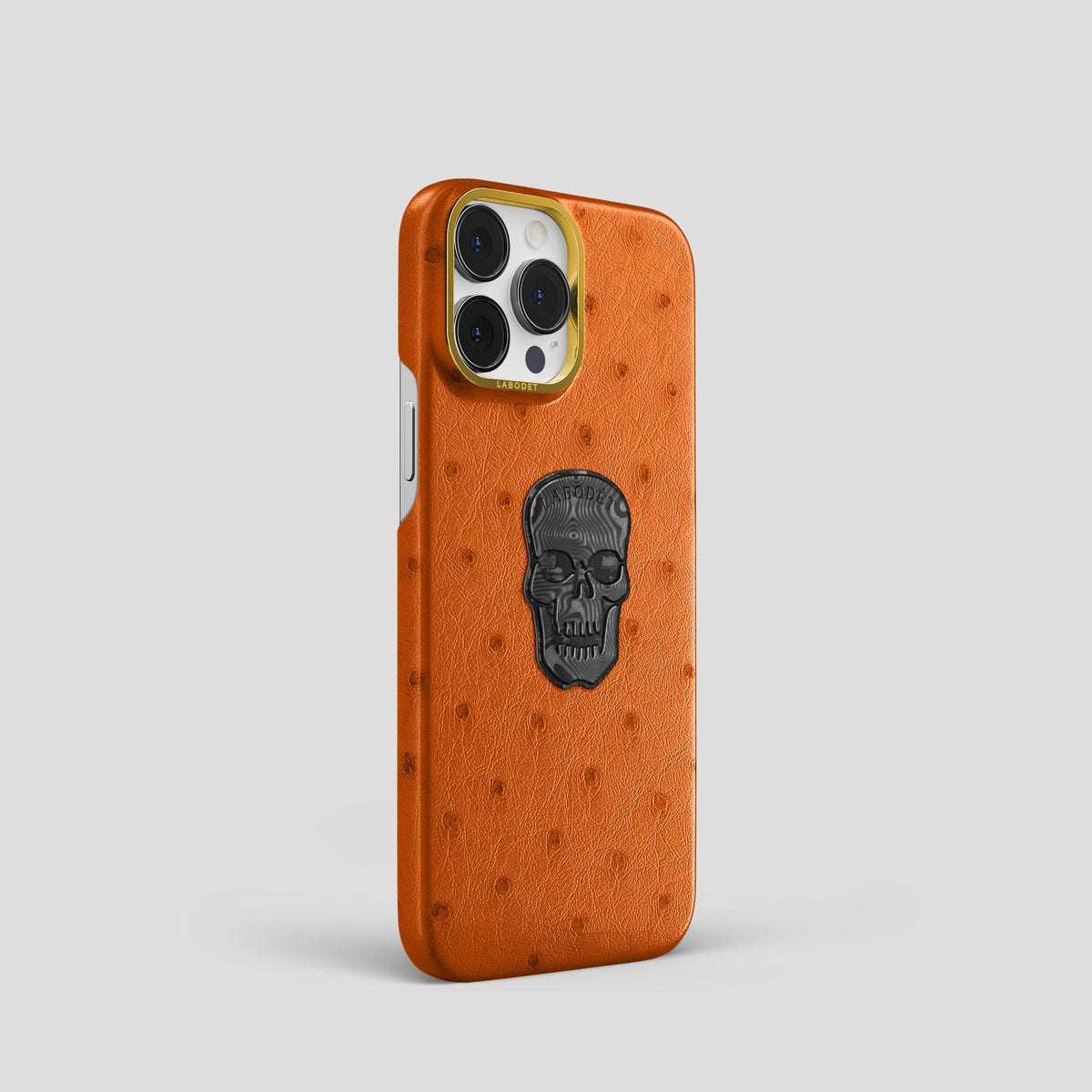 Medium-Brown iPhone 14 Pro Classic Case Ostrich with Gold Metal -2 | Medium-Brown-Gold