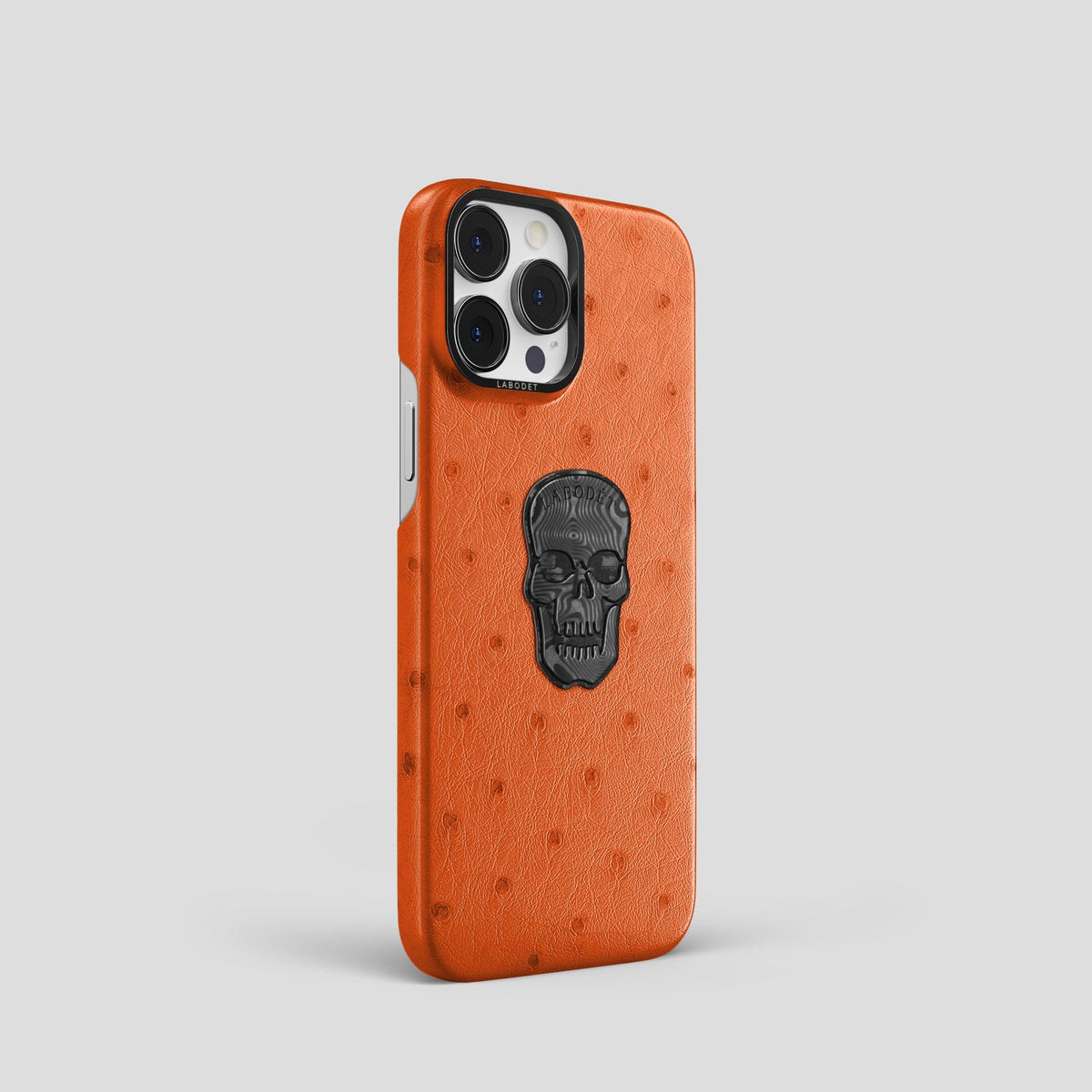 Orange iPhone 14 Pro Classic Case Ostrich with Black Metal -2 | Orange-Black