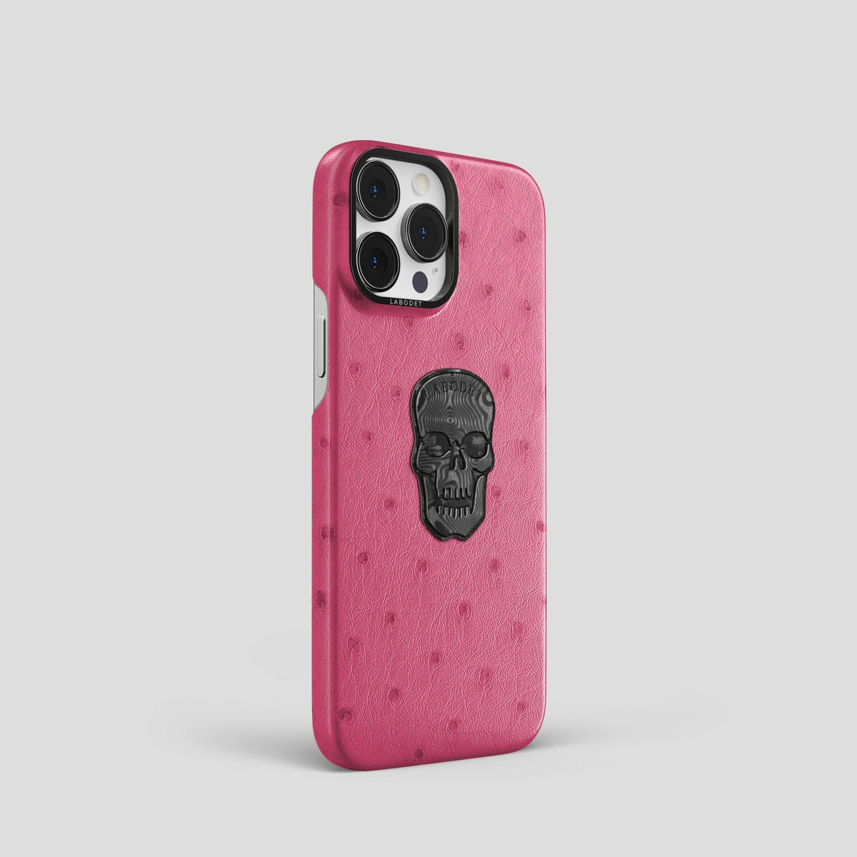Petal Pink iPhone 14 Pro Classic Case Ostrich with Black Metal -2 | Petal-Pink-Black