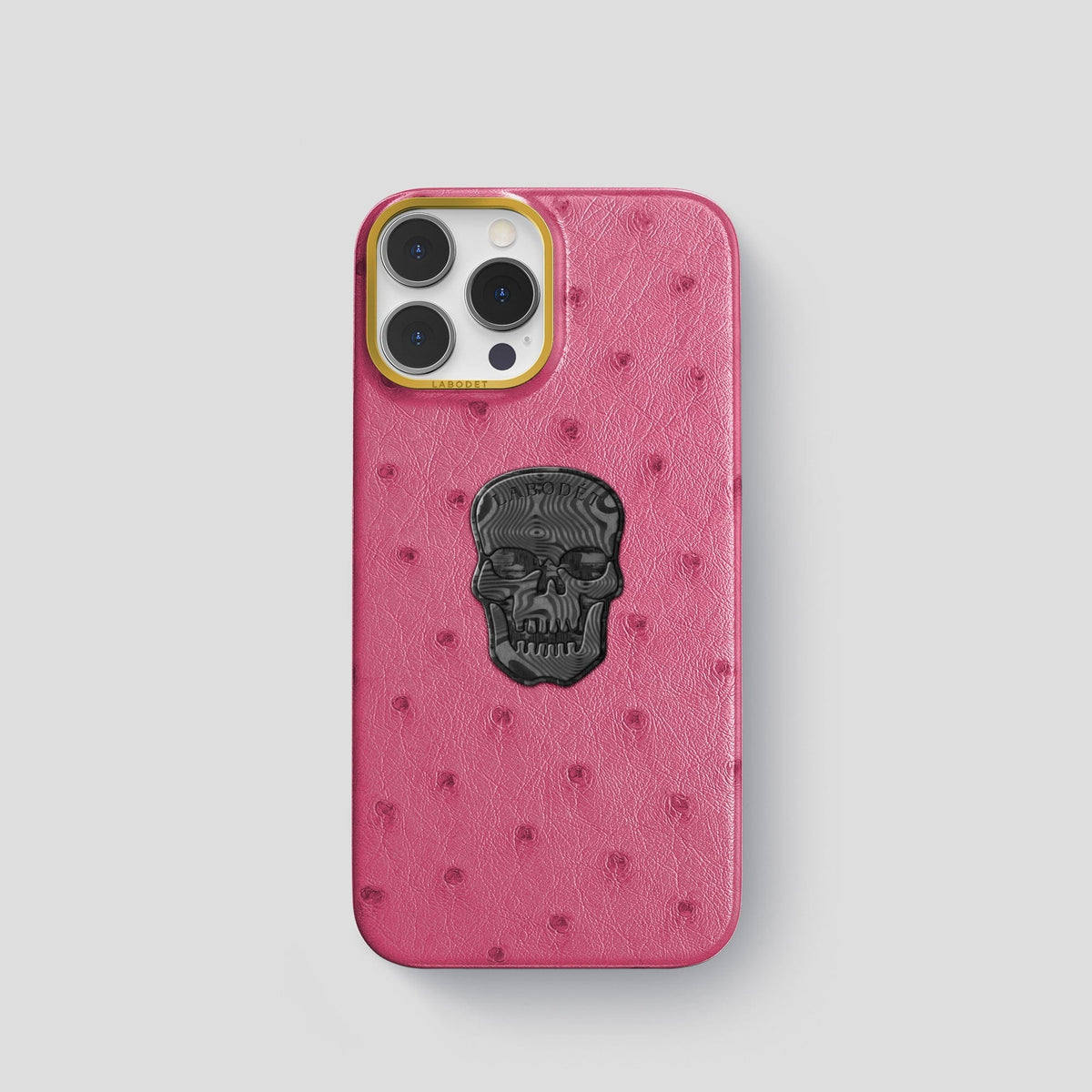 Petal Pink iPhone 14 Pro Classic Case Ostrich with Gold Metal -1 | Petal-Pink-Gold